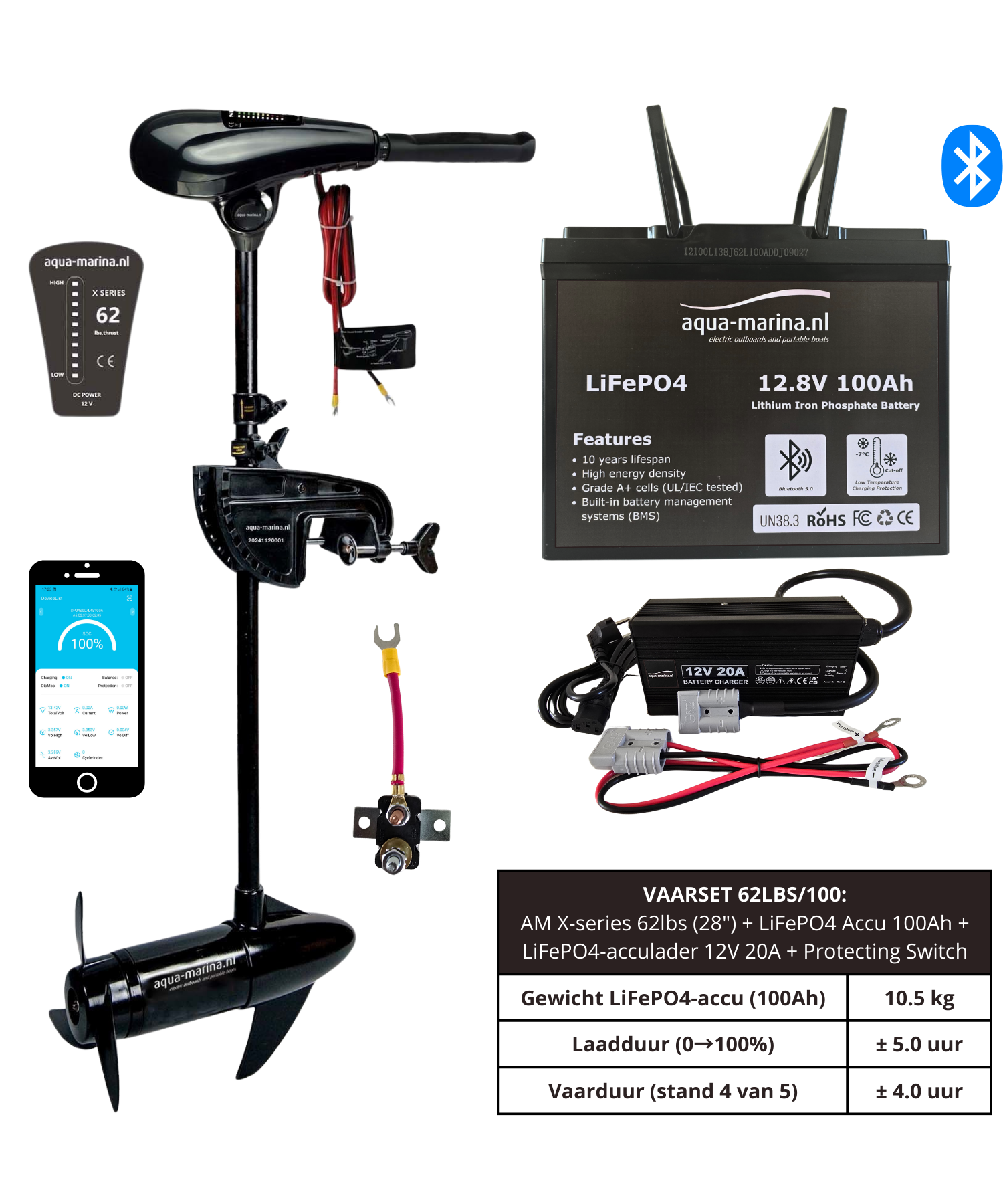 Complete Vaarset 62lbs 100Ah Lithium LiFePO4 Accu Acculader 12V 20A Protecting Switch