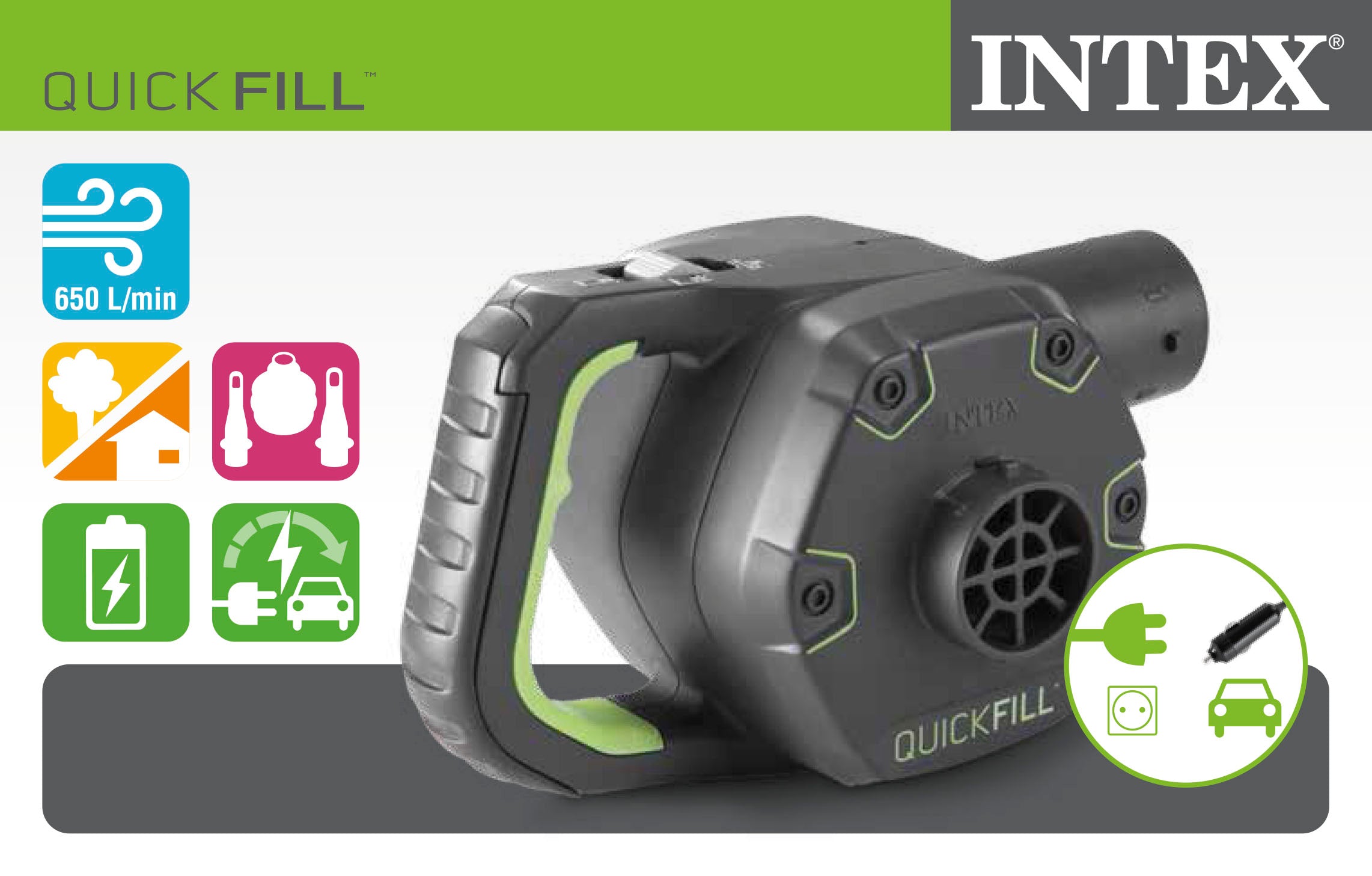 Intex 66642 – Quick-Fill Oplaadbare Elektrische Pomp (12V/230V) | Luchtpomp met ingebouwde accu