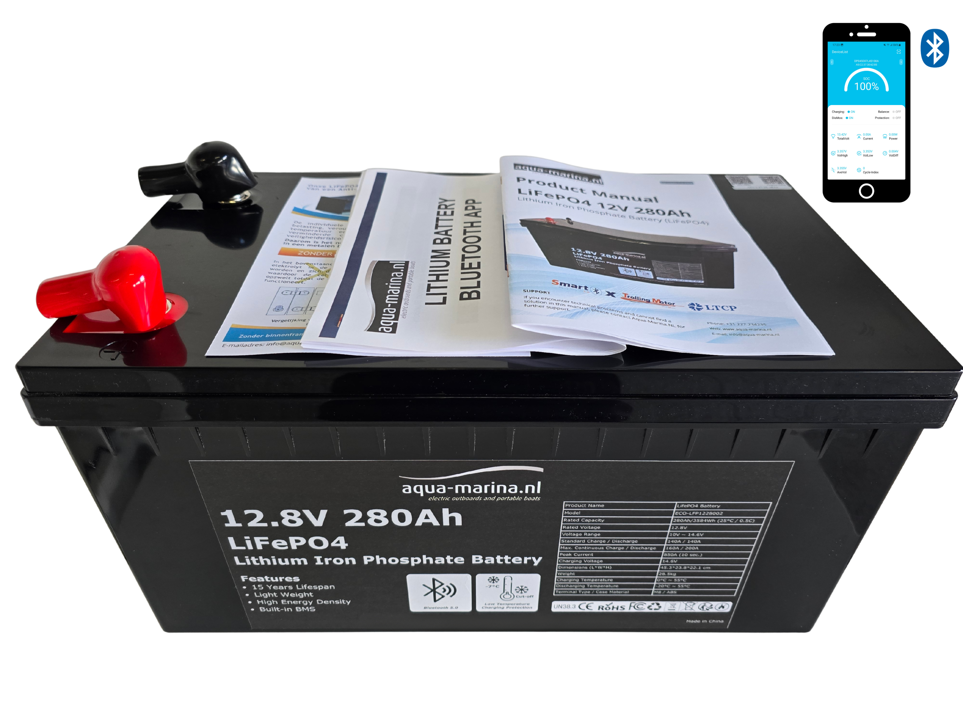 Aqua-Marina.NL Lithium LiFePO4 Accu 12V 280Ah met Bluetooth – Krachtige Lithium Accu voor Camper, Boot & Thuisaccu