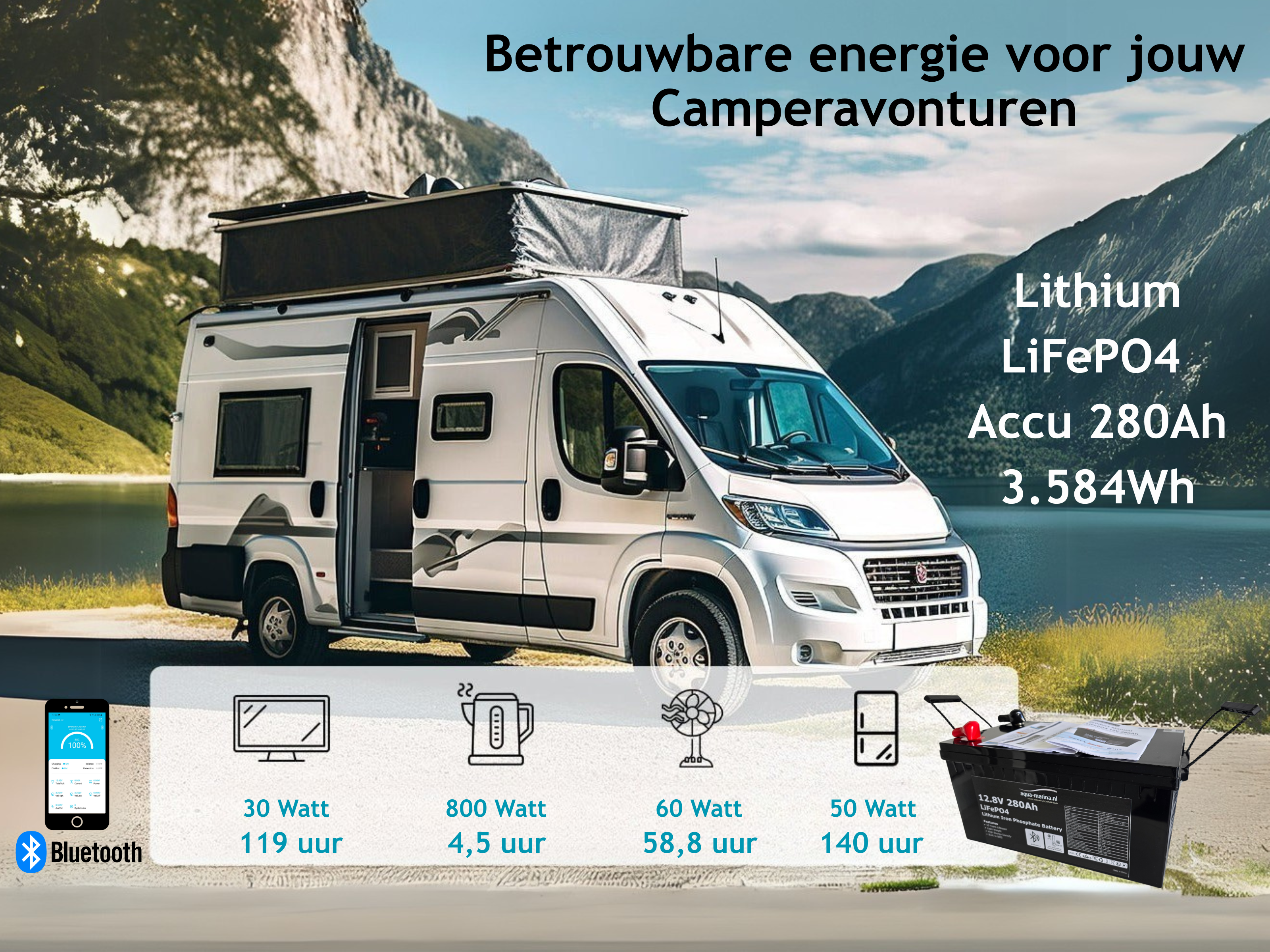 Aqua-Marina.NL Lithium LiFePO4 Accu 12V 280Ah met Bluetooth – Krachtige Lithium Accu voor Camper, Boot & Thuisaccu