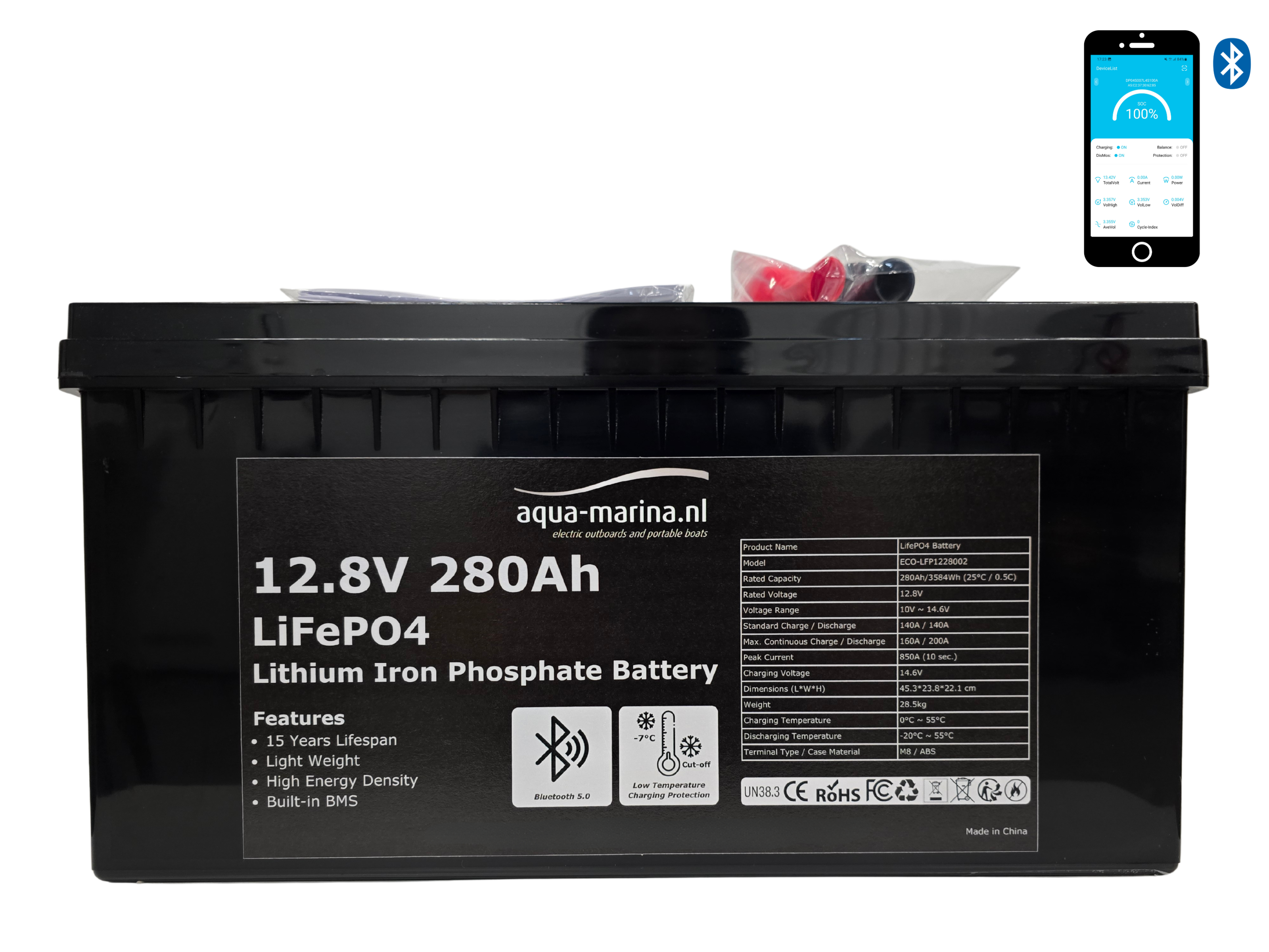 Aqua-Marina.NL Lithium LiFePO4 Accu 12V 280Ah met Bluetooth – Krachtige Lithium Accu voor Camper, Boot & Thuisaccu