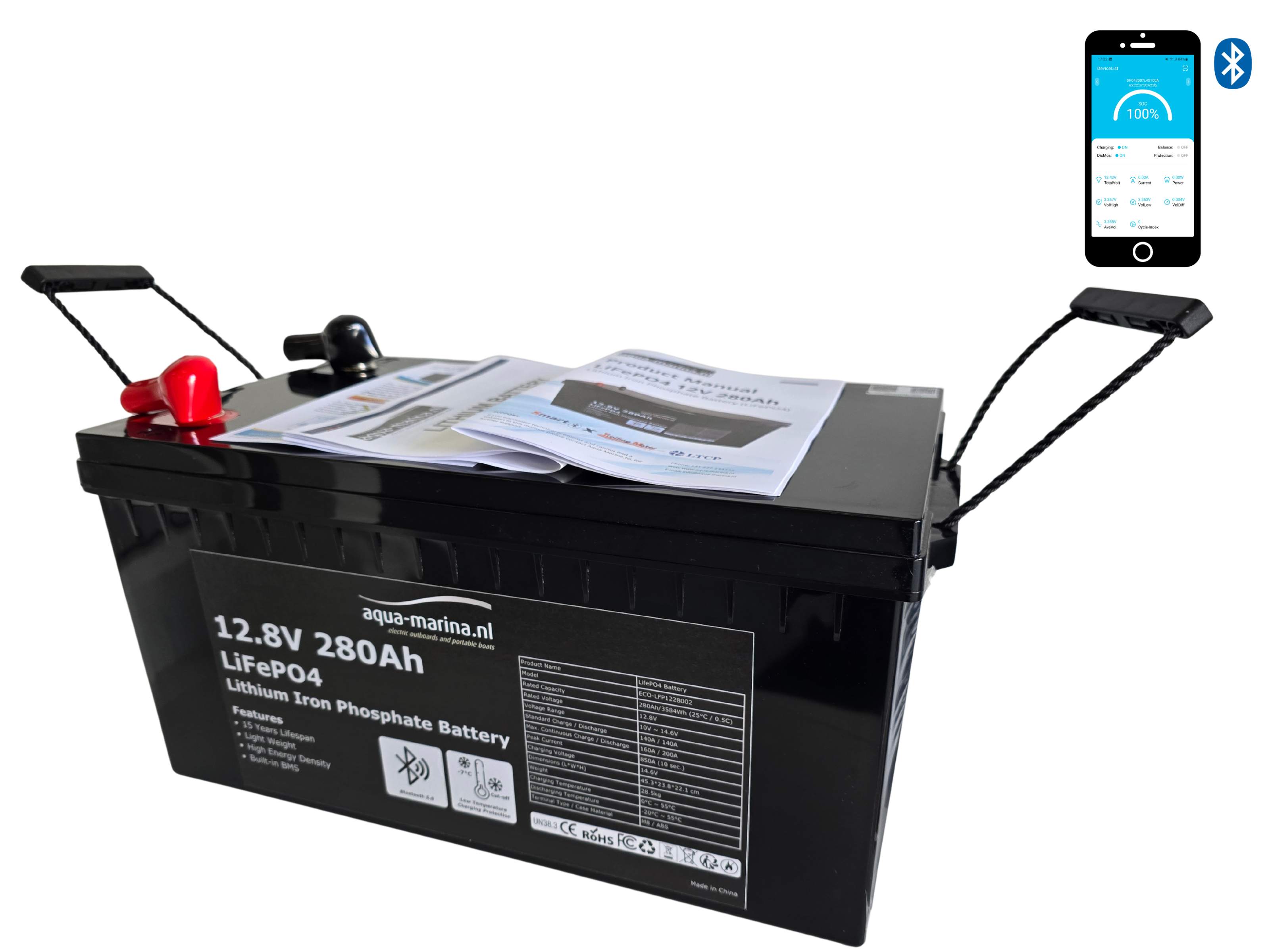 Aqua-Marina.NL Lithium LiFePO4 Accu 12V 280Ah met Bluetooth – Krachtige Lithium Accu voor Camper, Boot & Thuisaccu