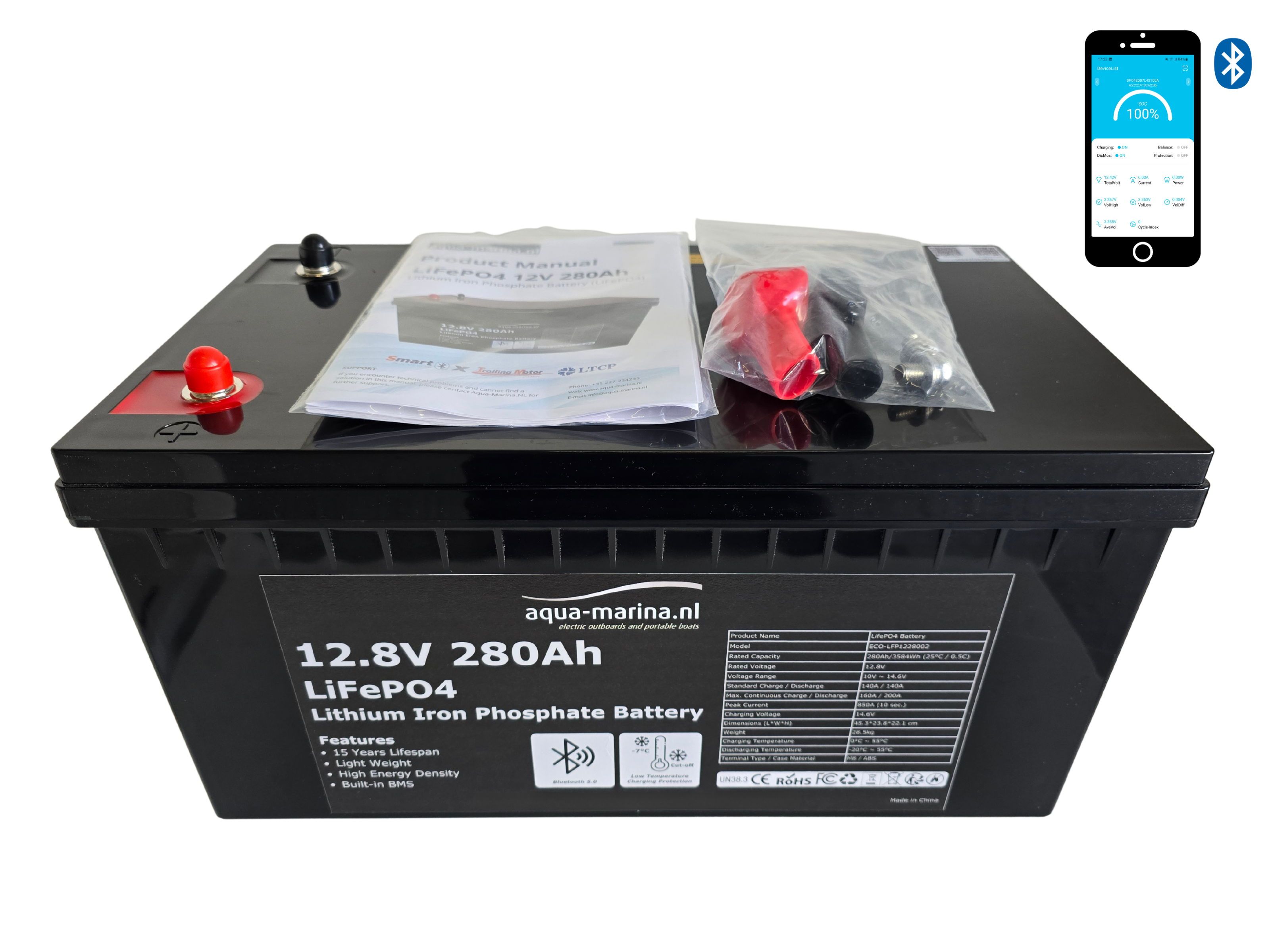 Aqua-Marina.NL Lithium LiFePO4 Accu 12V 280Ah met Bluetooth – Krachtige Lithium Accu voor Camper, Boot & Thuisaccu