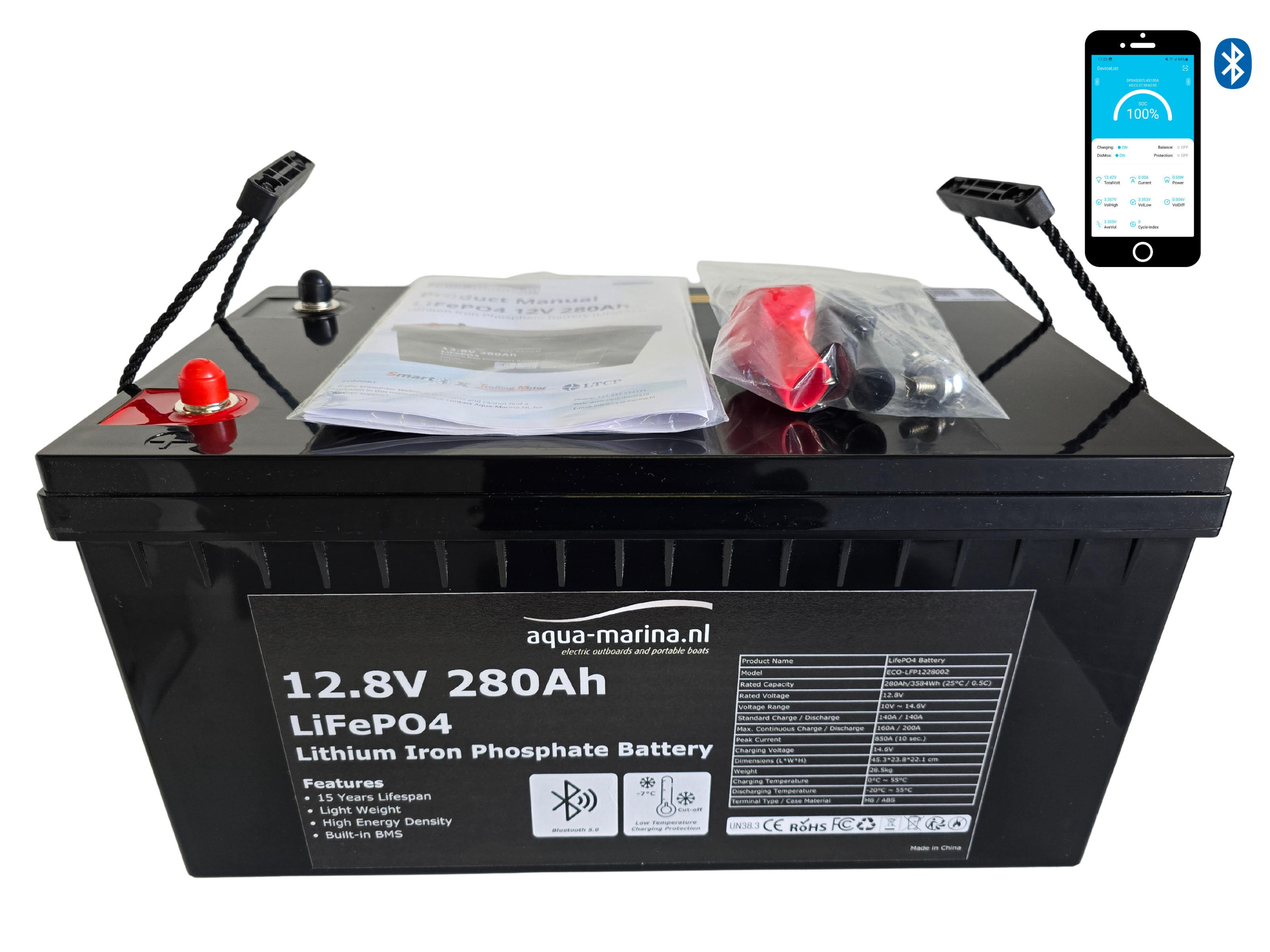 Aqua-Marina.NL Lithium LiFePO4 Accu 12V 280Ah met Bluetooth – Krachtige Lithium Accu voor Camper, Boot & Thuisaccu