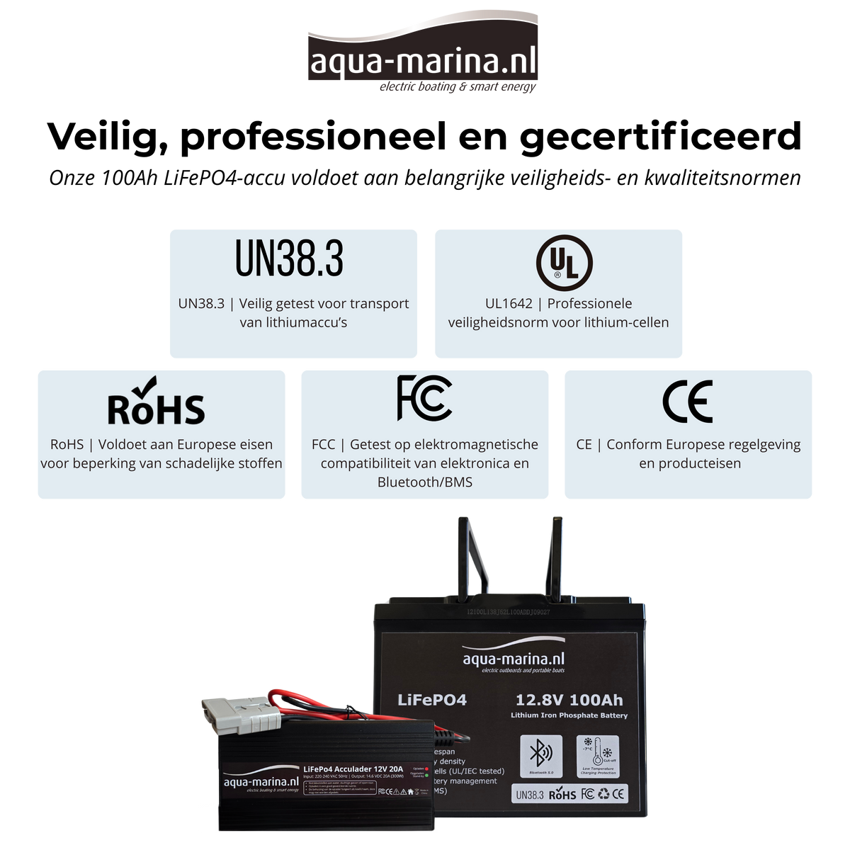 Accuset 2: 12V 100Ah LiFePO4 Accu + 12V 10A of 20A Acculader met Bluetooth & SB50 Anderson