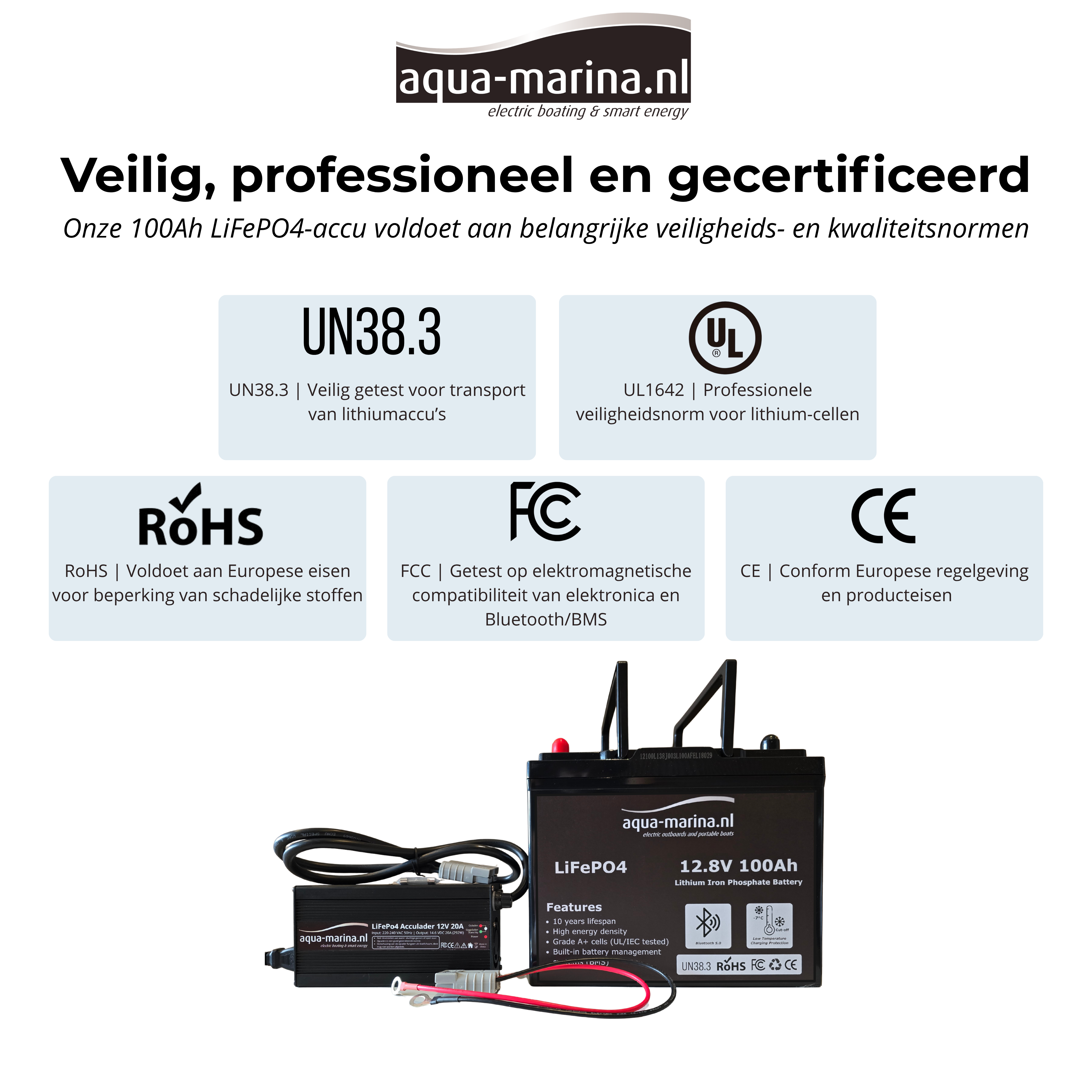 Accuset 2: 12V 100Ah LiFePO4 Accu + 12V 20A Acculader met Bluetooth & SB50 Anderson