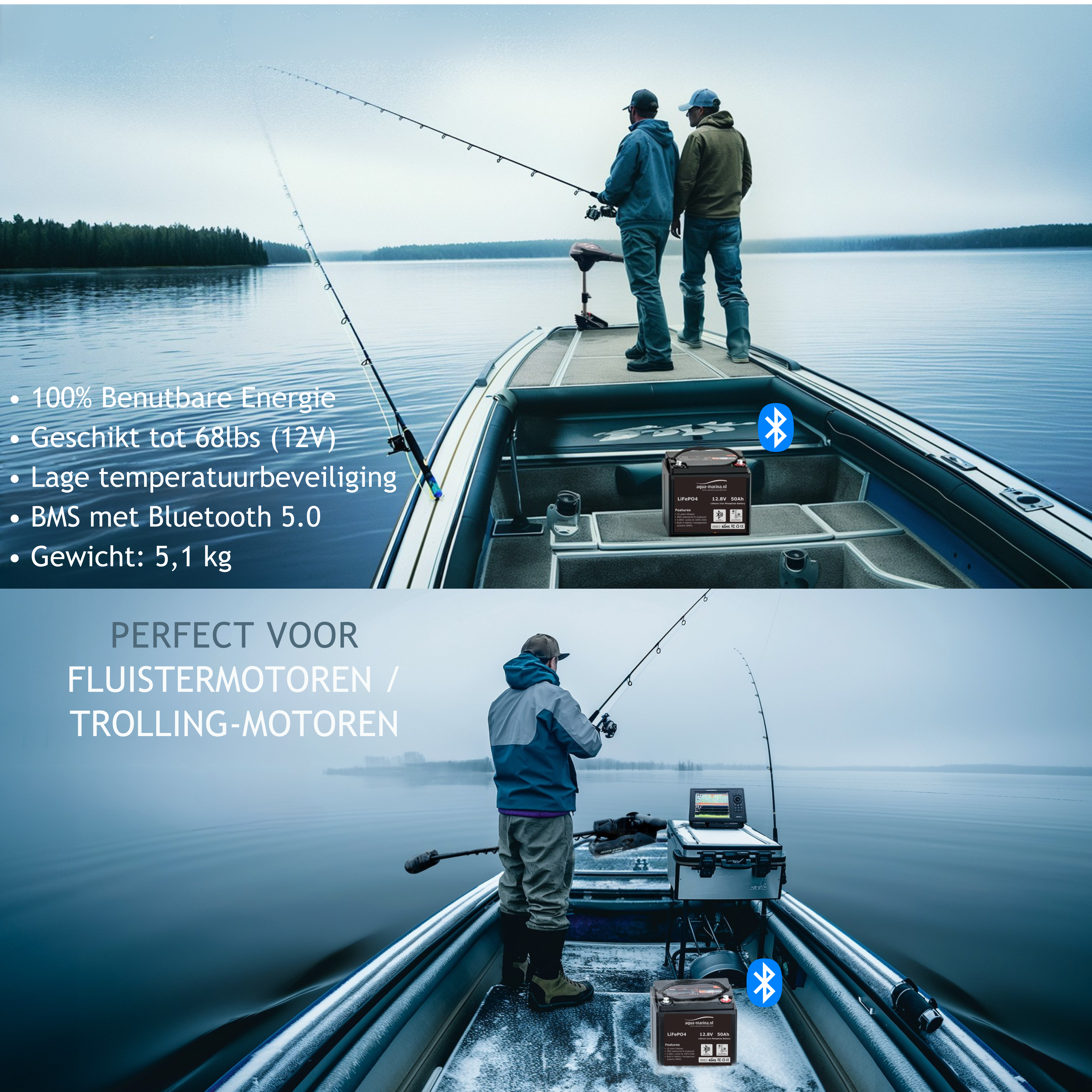 Aqua-Marina.nl LiFePO4 Lithium Accu 12V 50Ah met Bluetooth – Compacte Lichtgewicht Energieoplossing voor Boot en Camper