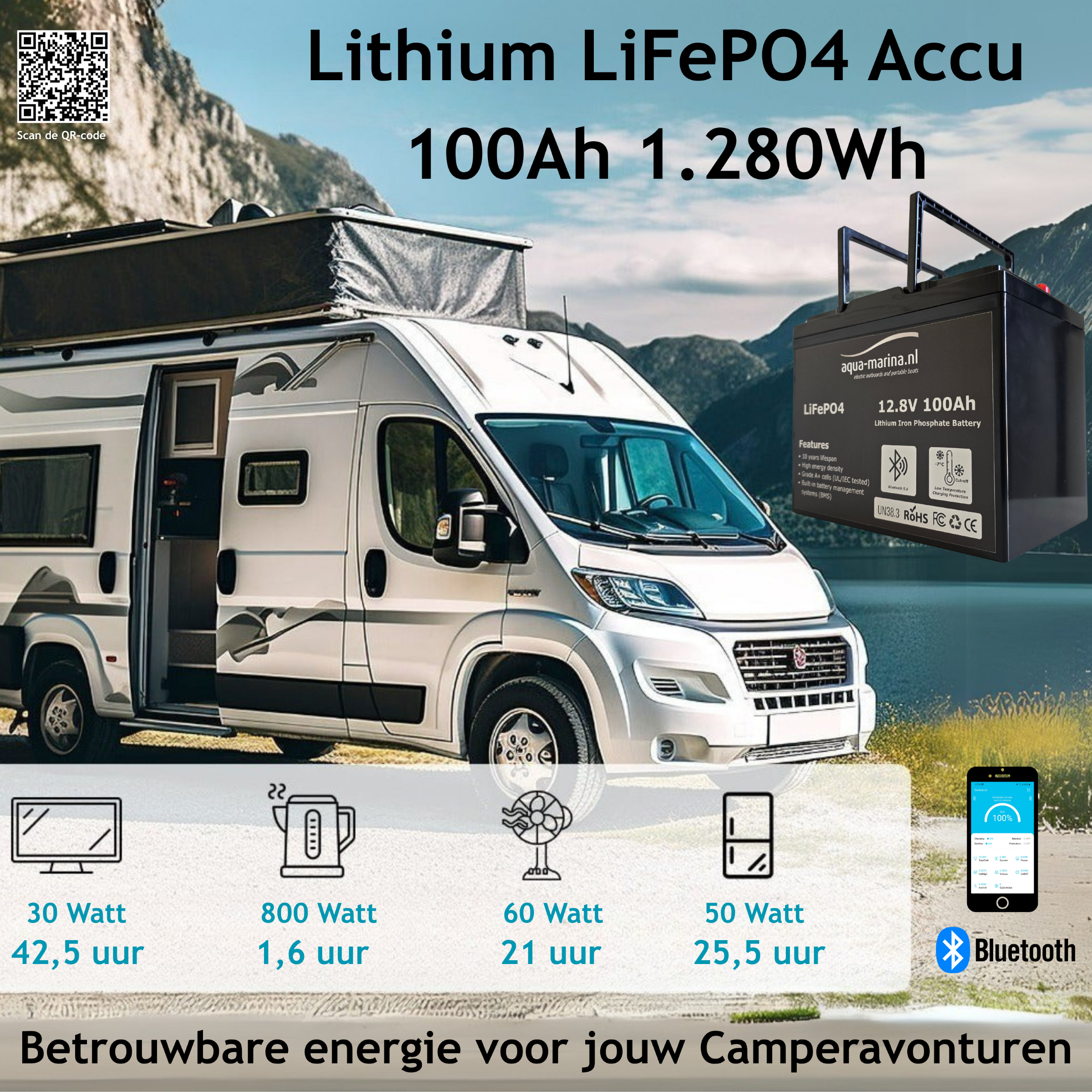 Aqua-Marina.nl Lithium LiFePO4 Accu 12 Volt 100Ah met Bluetooth | Krachtige lichtgewicht accu voor Boot en Camper