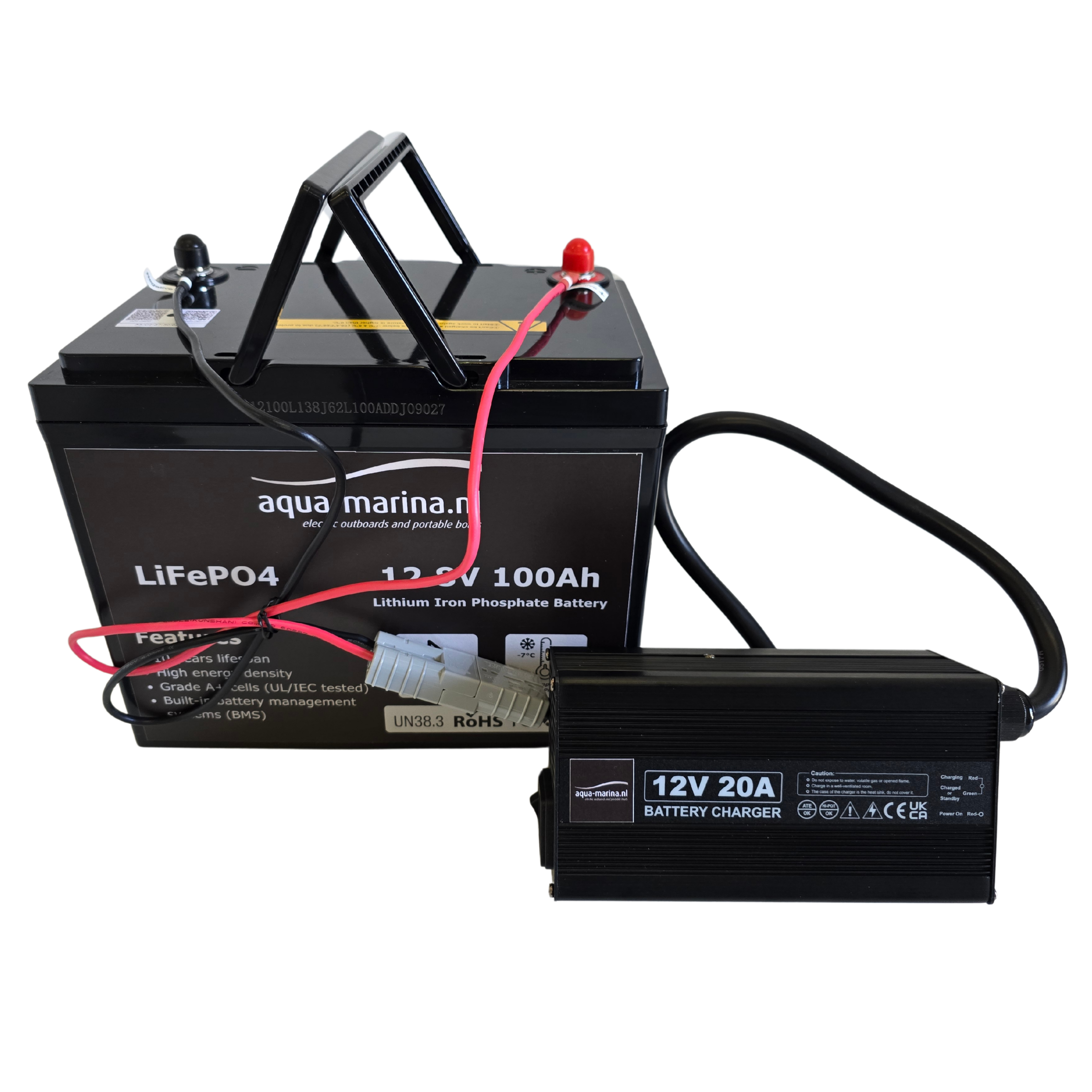 Accuset 2: 12V 100Ah LiFePO4 Accu + 12V 20A Acculader met Bluetooth & SB50 Anderson