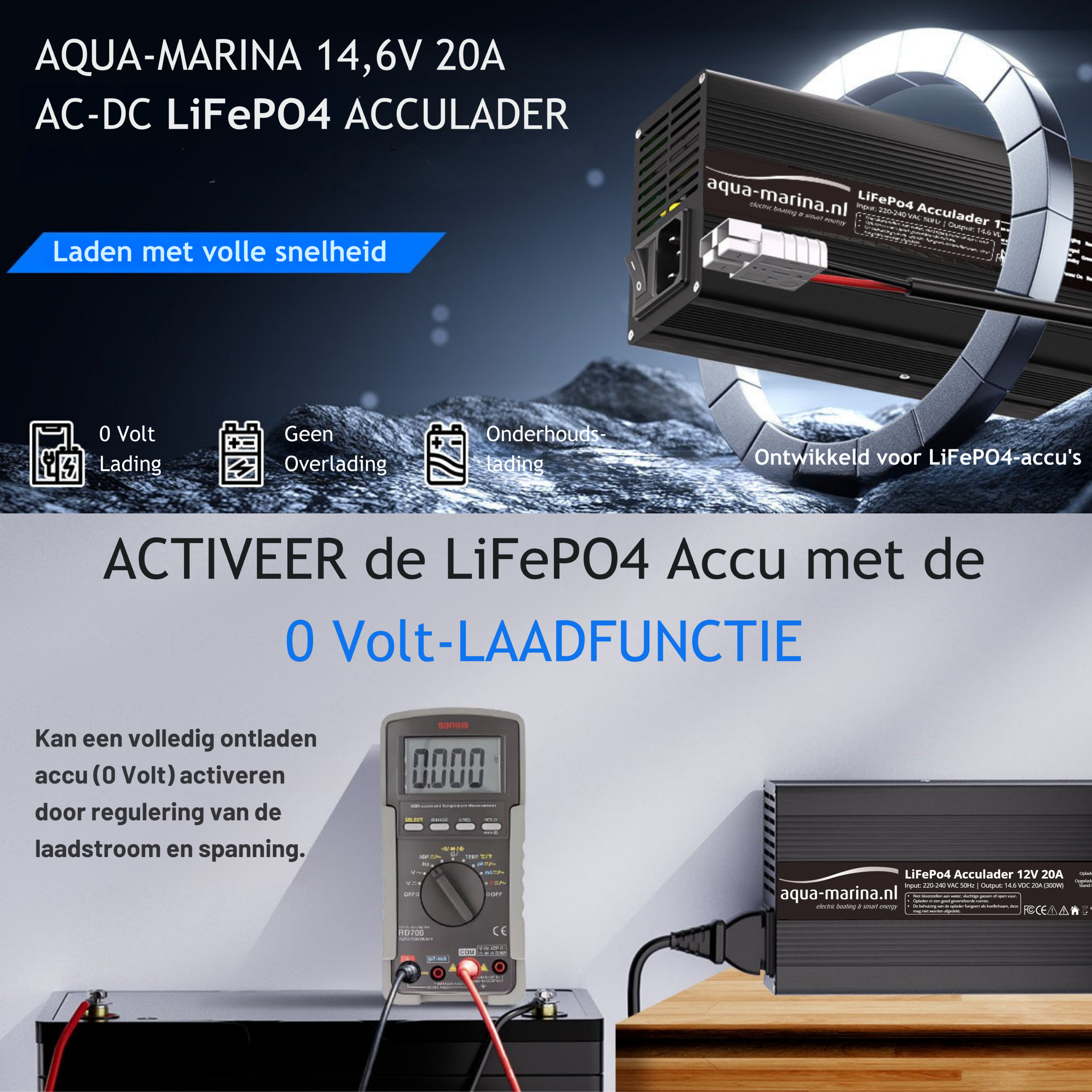 Aqua-Marina.nl LiFePO4 Acculader 12V 20A – Slimme Lader met Anderson SB50-aansluiting en M8-ogen