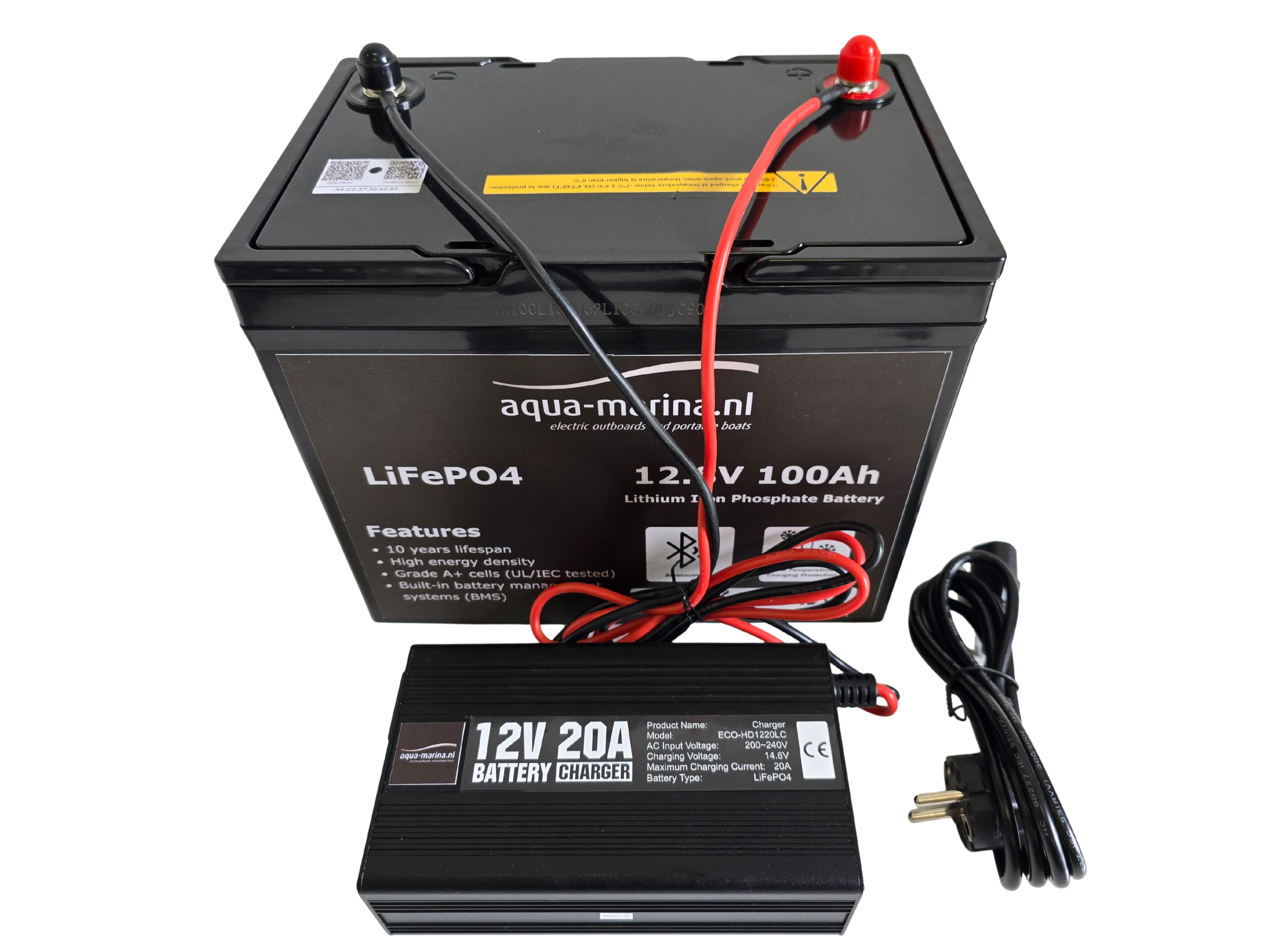 Accuset 2: 12V 100Ah LiFePO4 Accu + 12V 20A Acculader met Bluetooth & M8-aansluiting