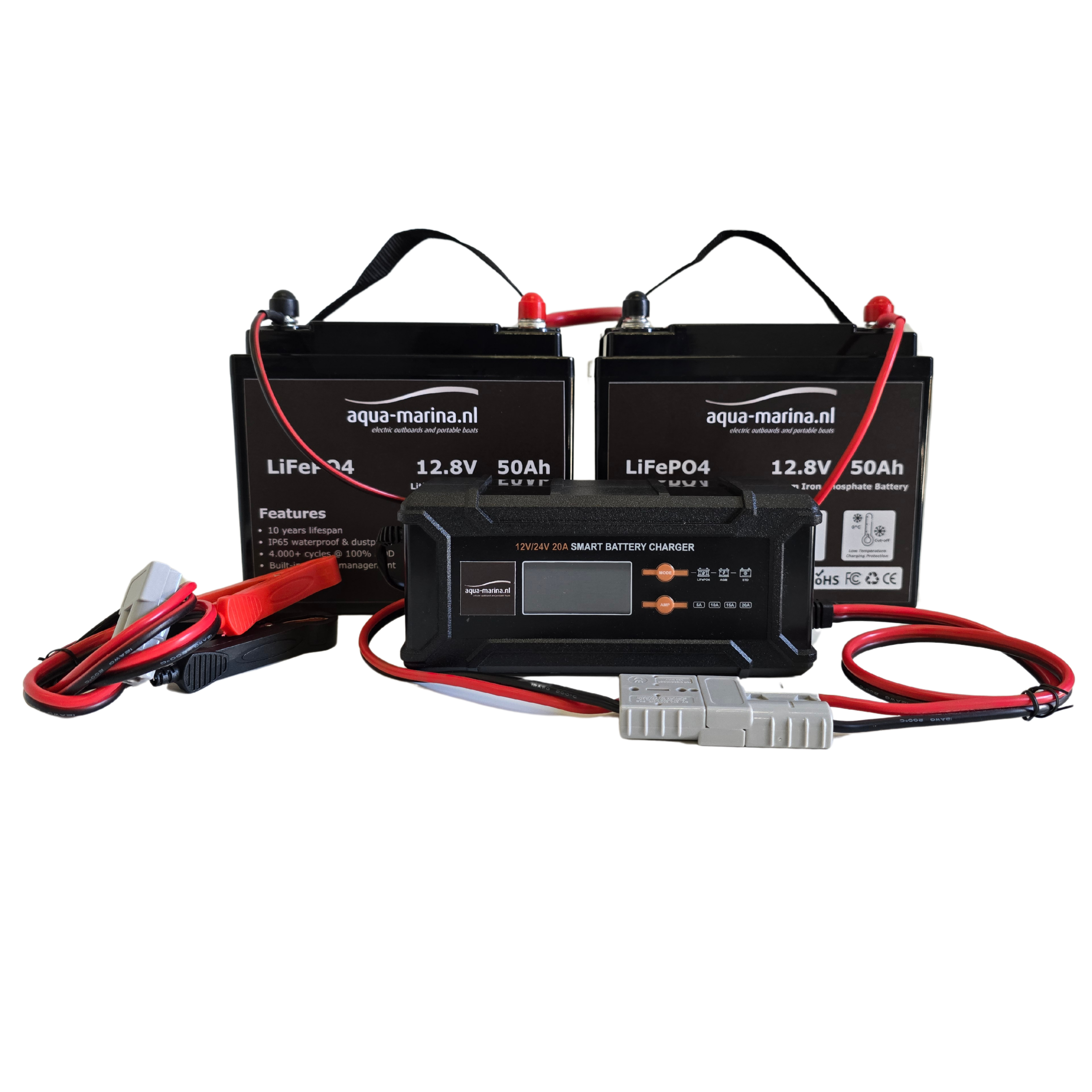 Accuset 3: 24V 50Ah | 2x 12V 50Ah LiFePO4 Accu + 12V/24V Acculader + Tussenkabel | Bluetooth