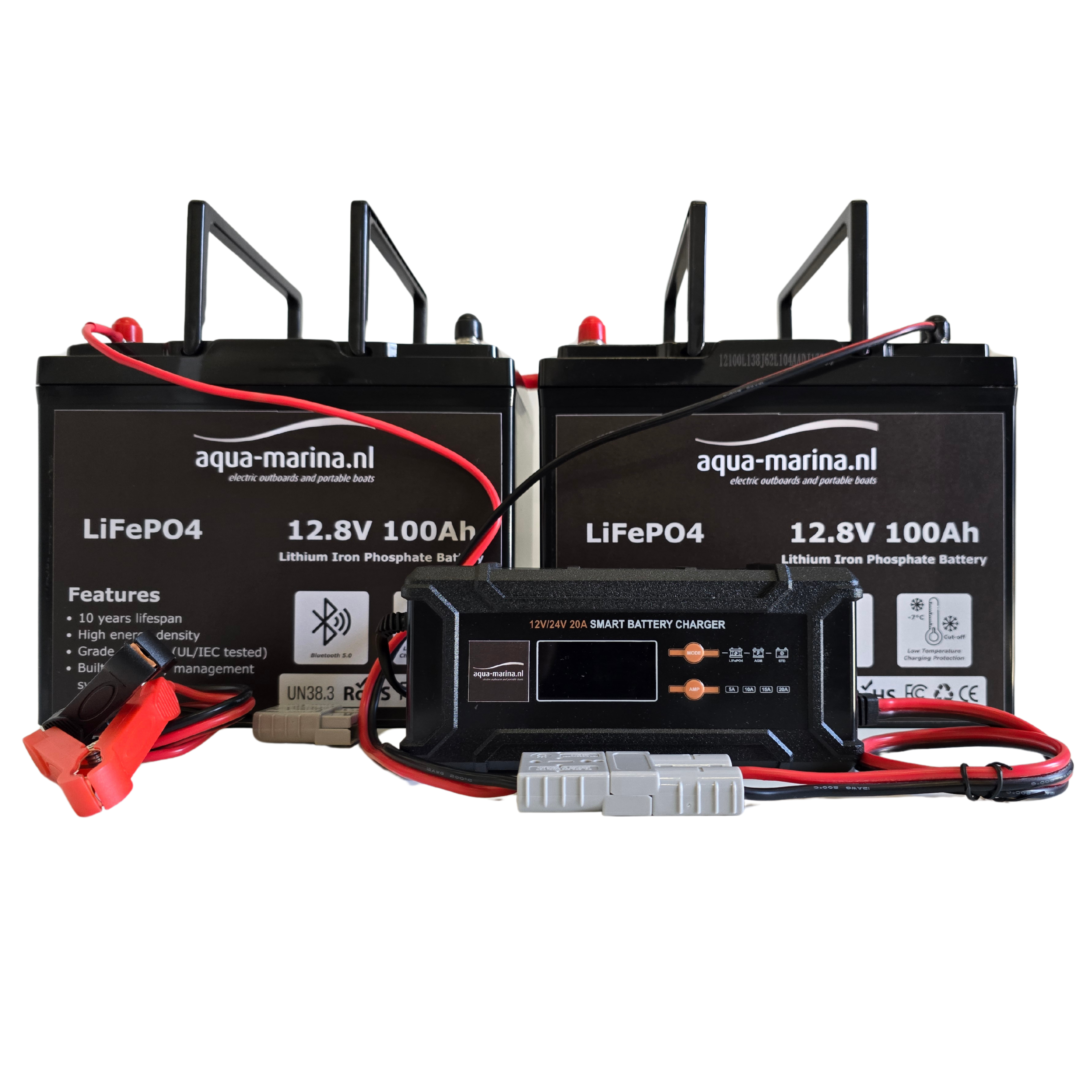 Accuset 4: 24V 100Ah | 2x 100Ah LiFePO4 Accu + 12V/24V Acculader + Seriekabel | Bluetooth