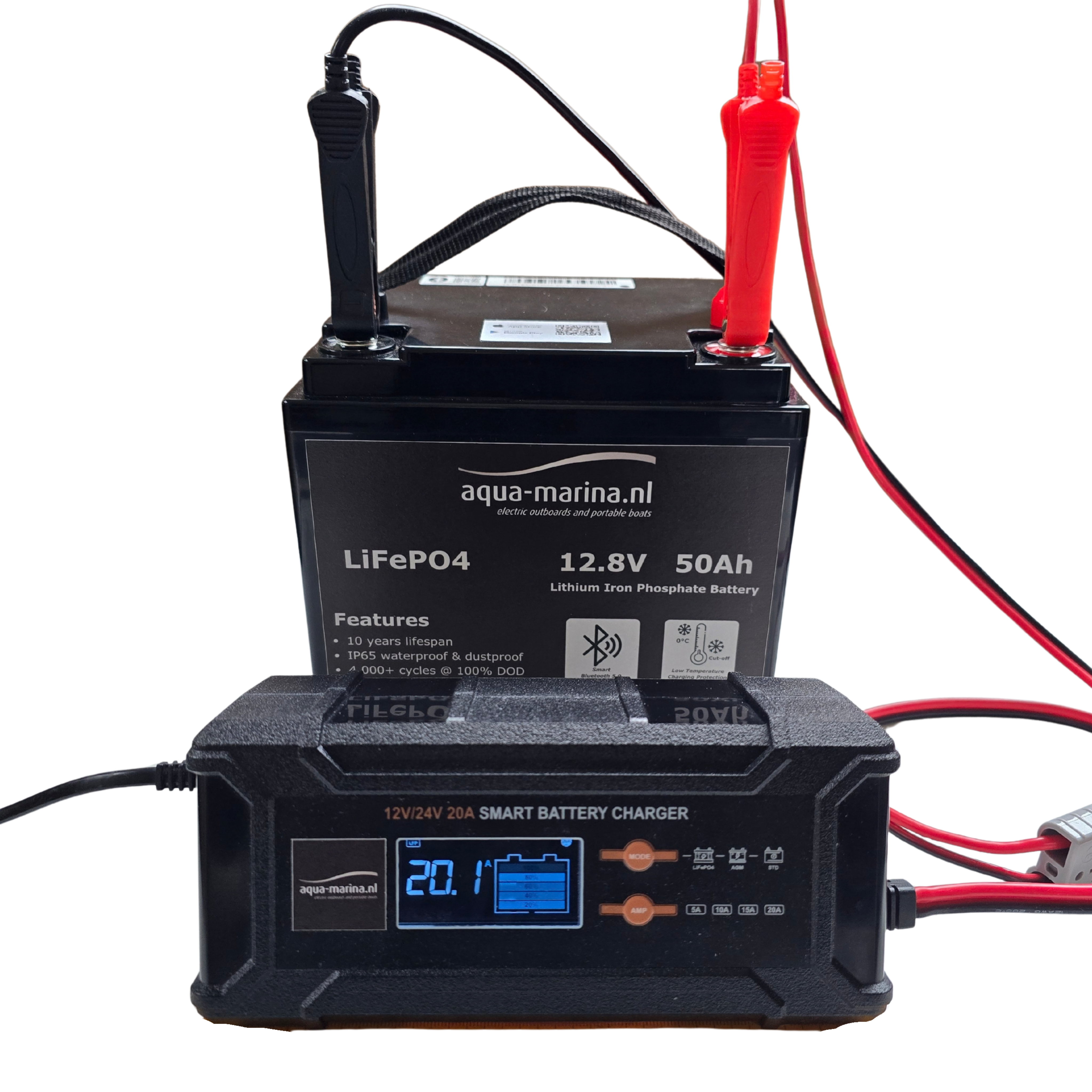 Accuset 8: 12V 50Ah LiFePO4 Accu + 12V/24V Acculader LiFePO4 AGM STD | Bluetooth