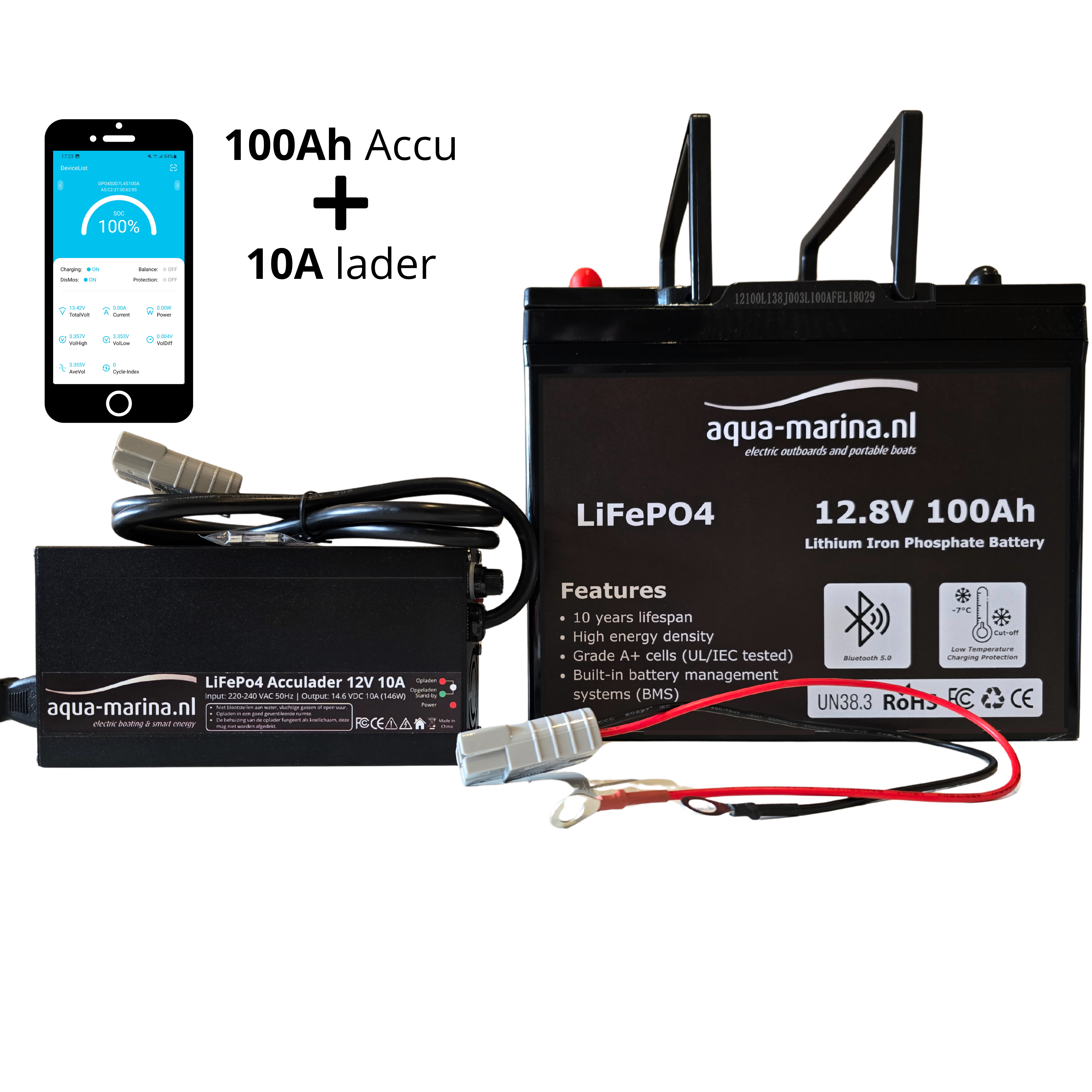 Accuset 2: 12V 100Ah LiFePO4 Accu + 12V 10A of 20A Acculader met Bluetooth & SB50 Anderson