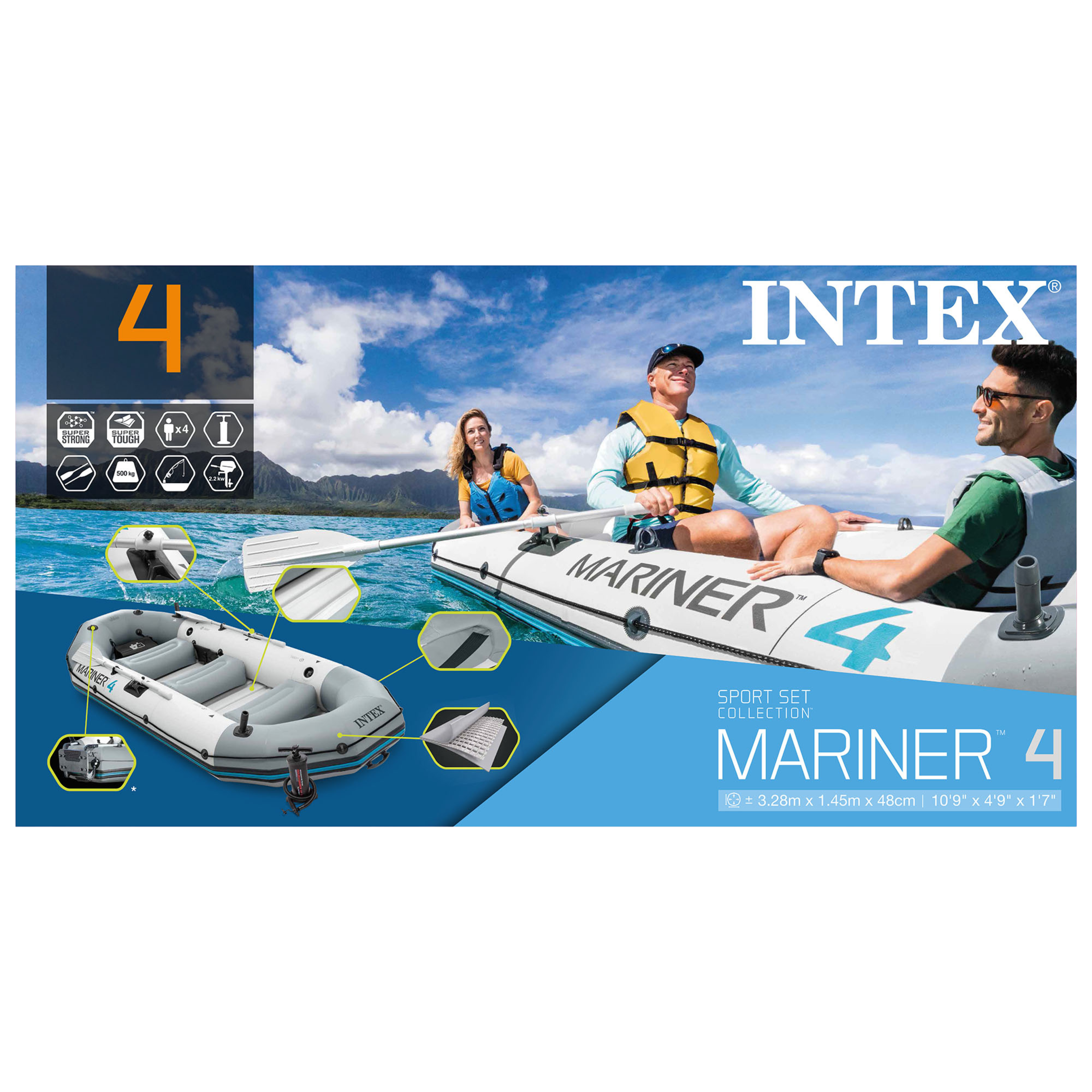 Complete Vaarset Bootset – Intex Mariner 4 met 62lbs Fluistermotor & LiFePO4 Lithiumaccu & Lader
