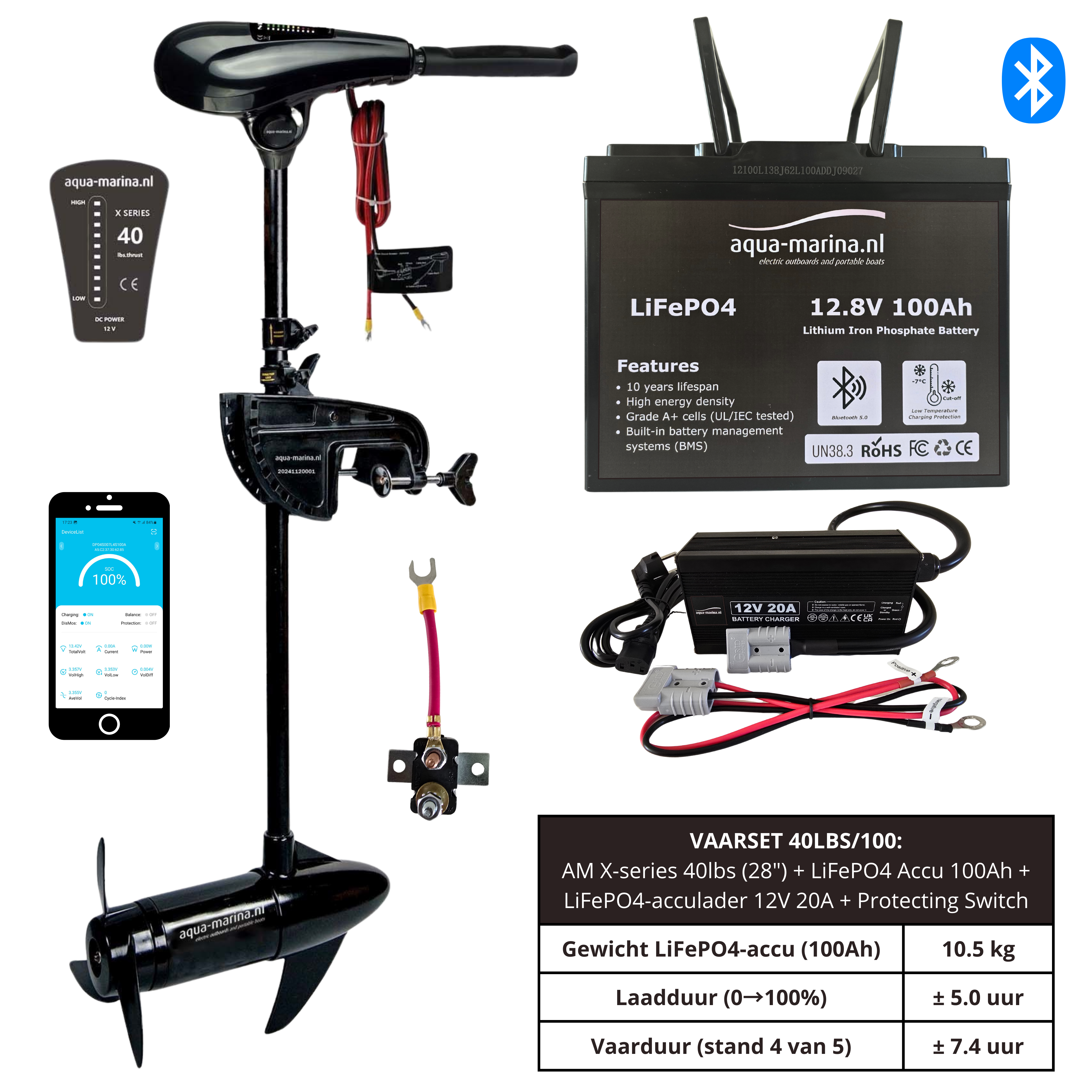 Complete Vaarset Bootset – Intex Mariner 4 met 40lbs Fluistermotor & LiFePO4 Lithiumaccu & Lader