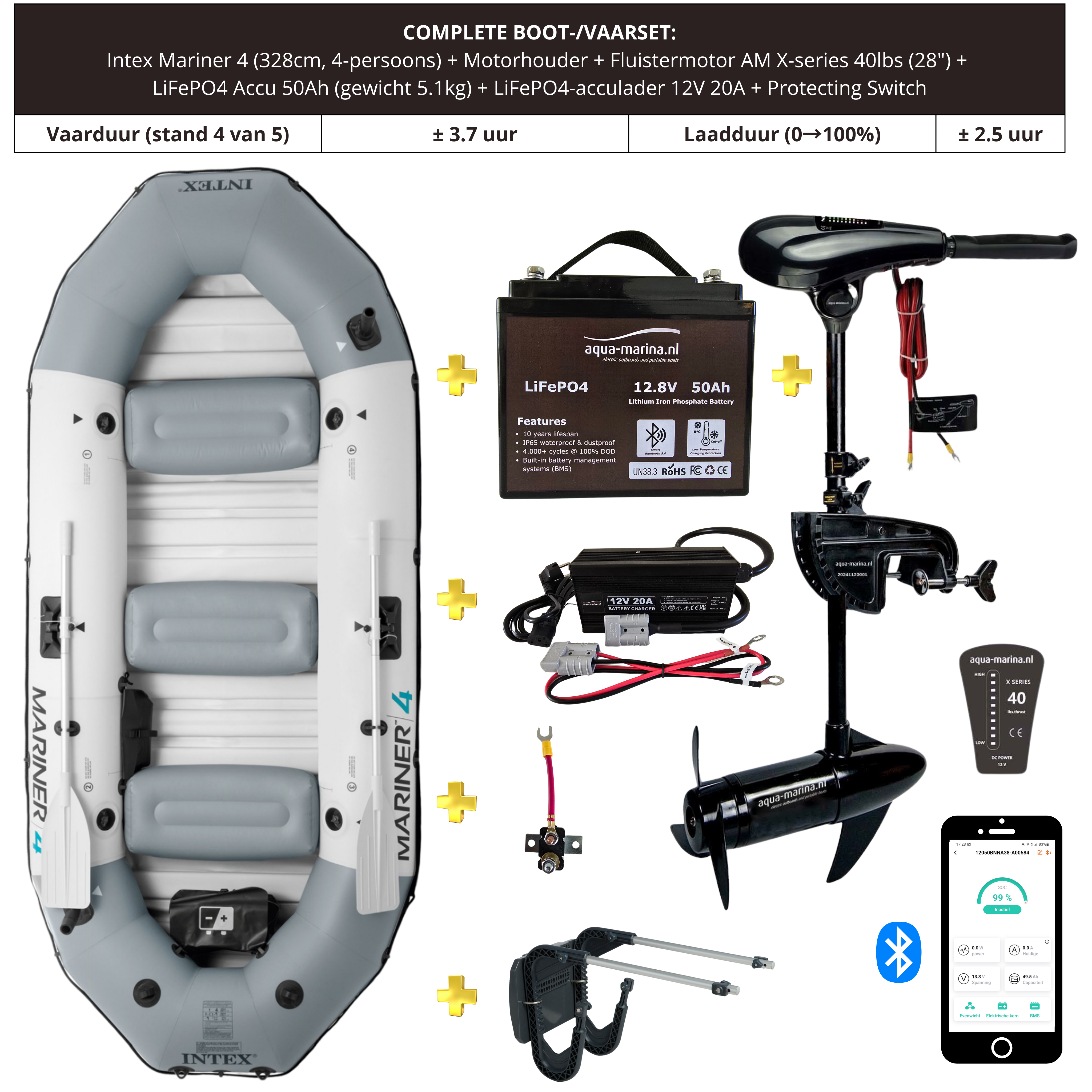 Complete Vaarset Bootset – Intex Mariner 4 met 40lbs Fluistermotor & LiFePO4 Lithiumaccu & Lader