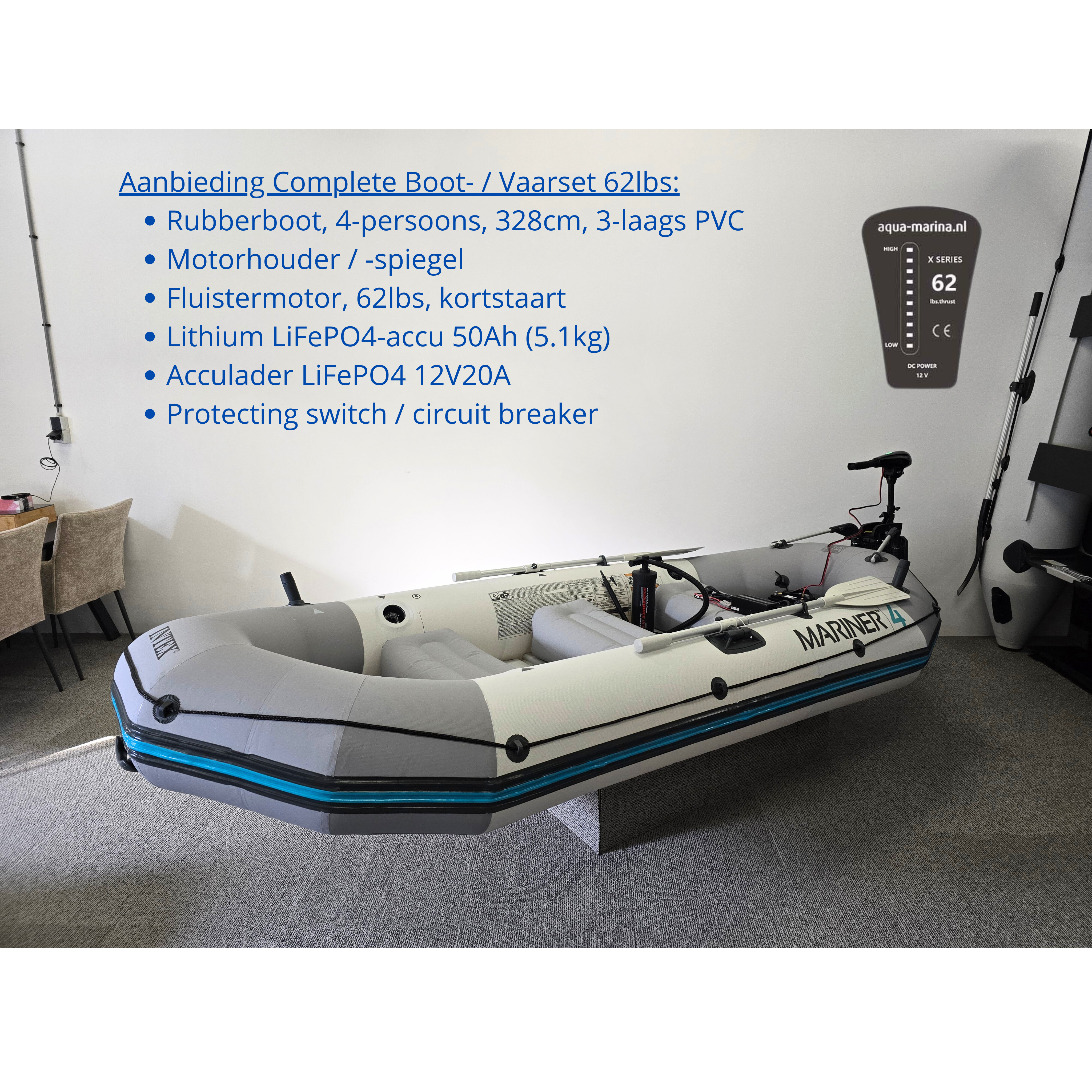 Complete Vaarset Bootset – Intex Mariner 4 met 62lbs Fluistermotor & LiFePO4 Lithiumaccu & Lader