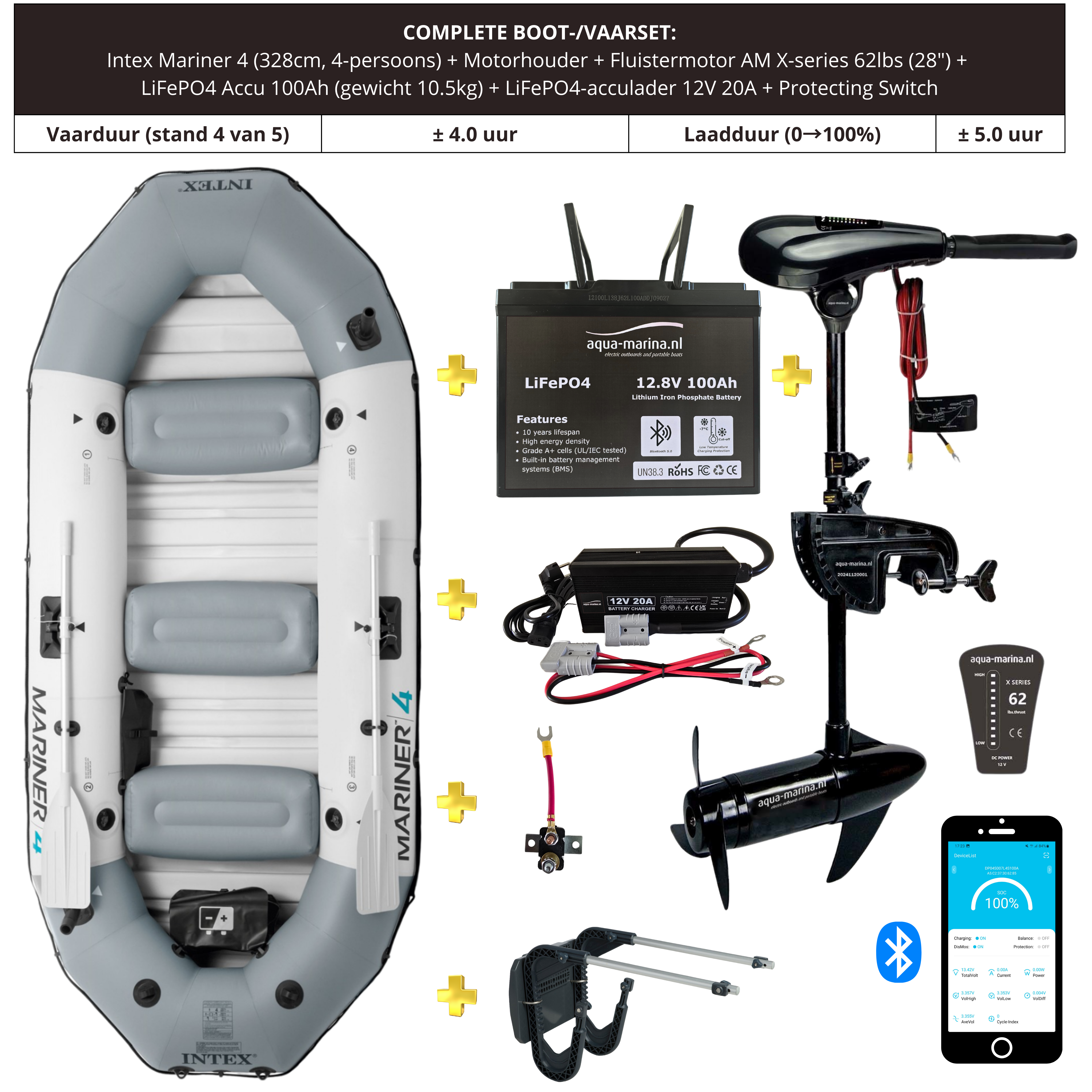 Complete Vaarset Bootset – Intex Mariner 4 met 62lbs Fluistermotor & LiFePO4 Lithiumaccu & Lader