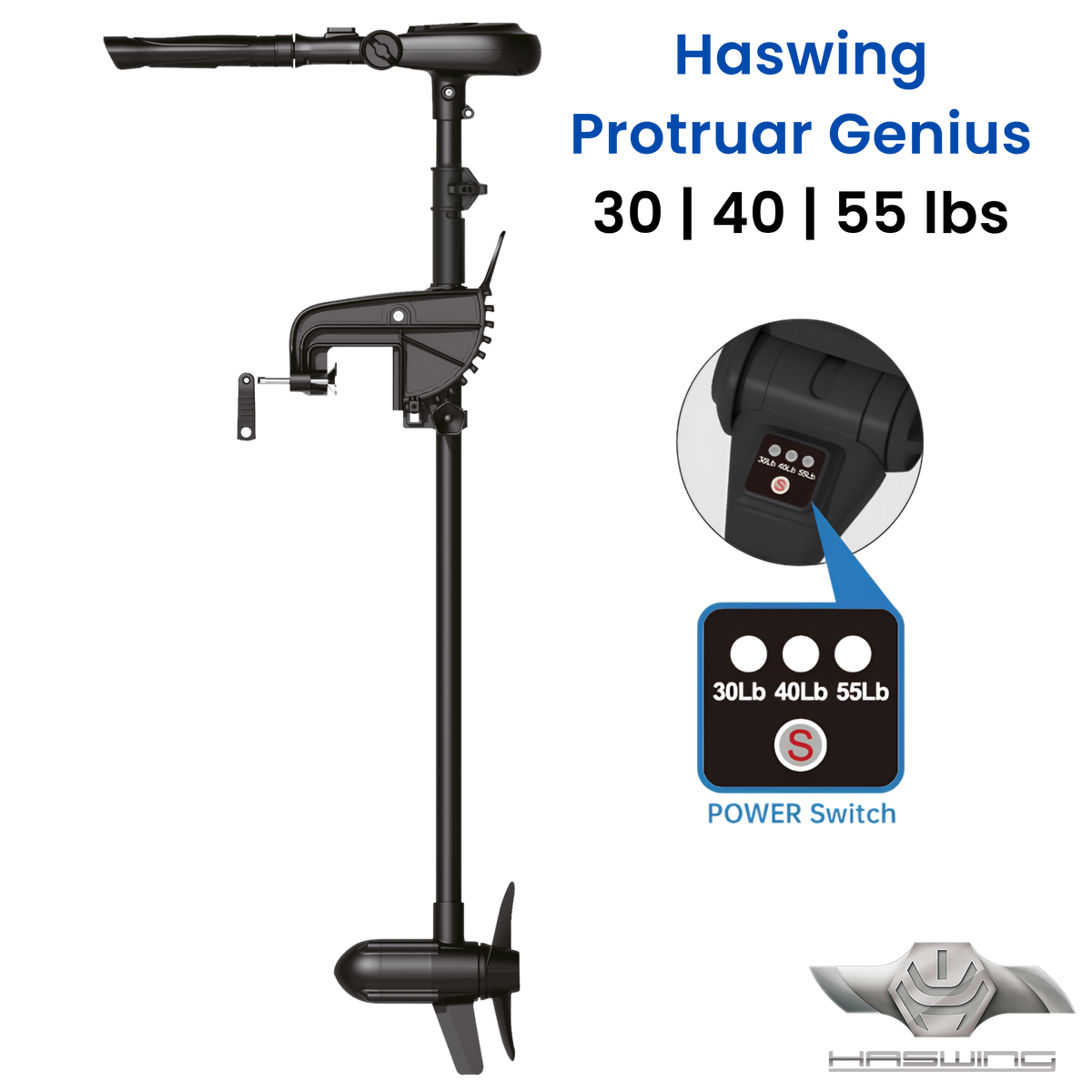 Haswing Protruar Genius | Elektrische Buitenboordmotor | 12V 30/40/55 lbs | 4.4 kg | 78cm Schacht | Zoutwater Zoetwater | Fluistermotor