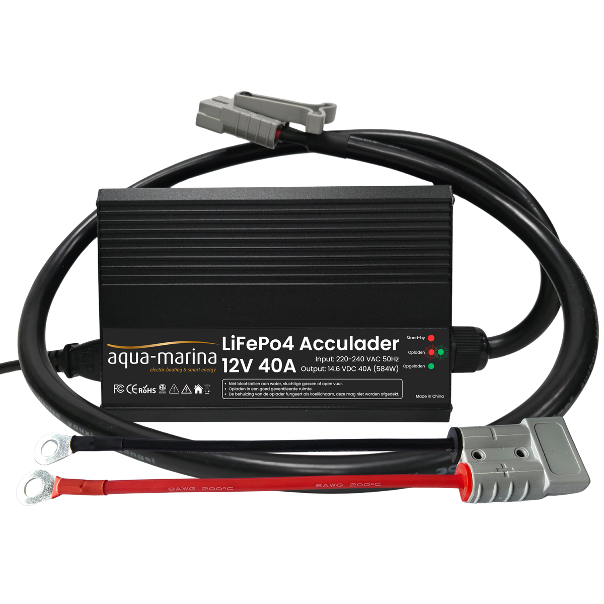 Aqua-Marina LiFePO4-acculader 12V 40A – 14,6V met SB50, M8-kabelogen en krokodillenklemmen