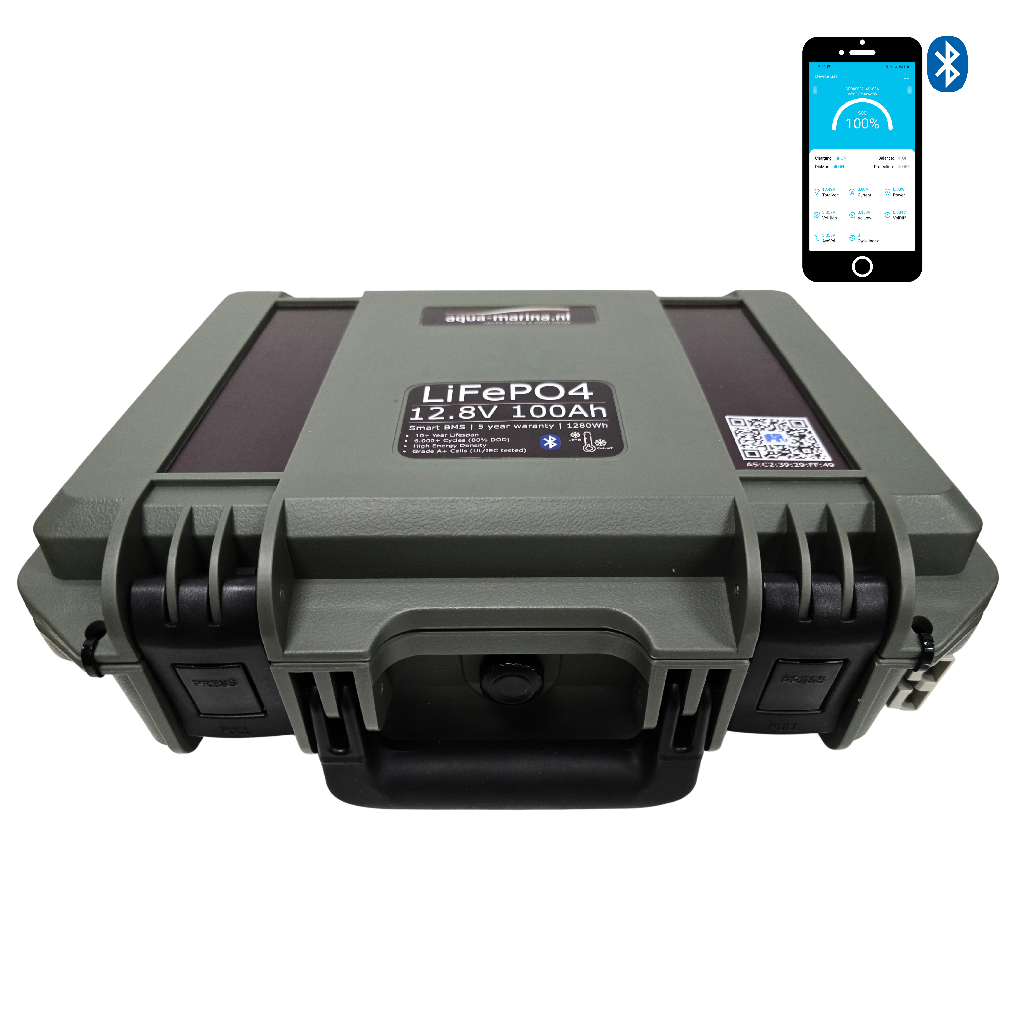 Aqua-Marina.NL Outdoor Box Lithium LiFePO4 Accu 100Ah 12V Smart | Bluetooth | Anderson SB50 USB GX16 SP17 | Outdoorbox