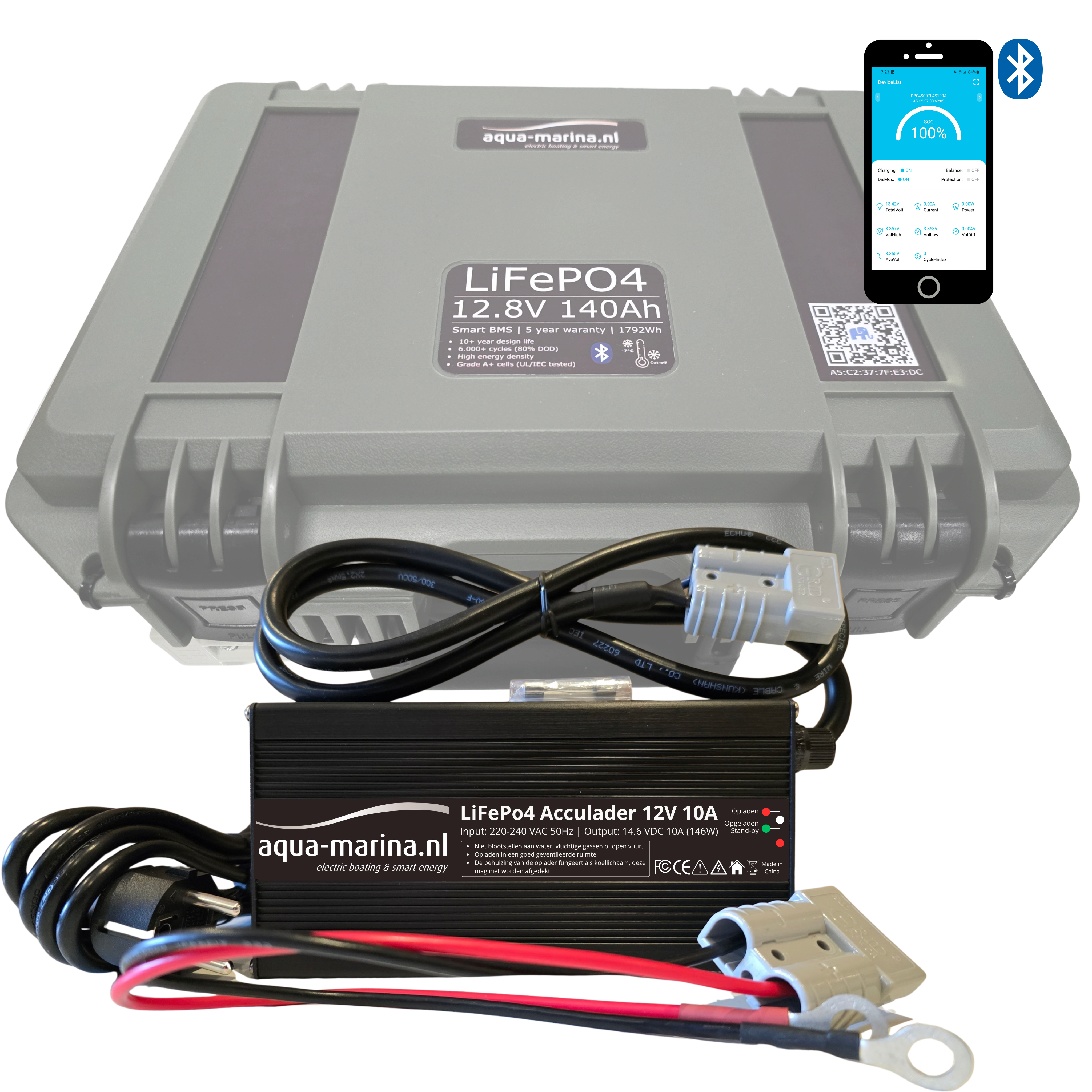 Aqua-Marina.NL Outdoor Box Lithium LiFePO4 Accu 140Ah 12V Smart | Bluetooth | Anderson SB50 USB GX16 SP17 | Outdoorbox