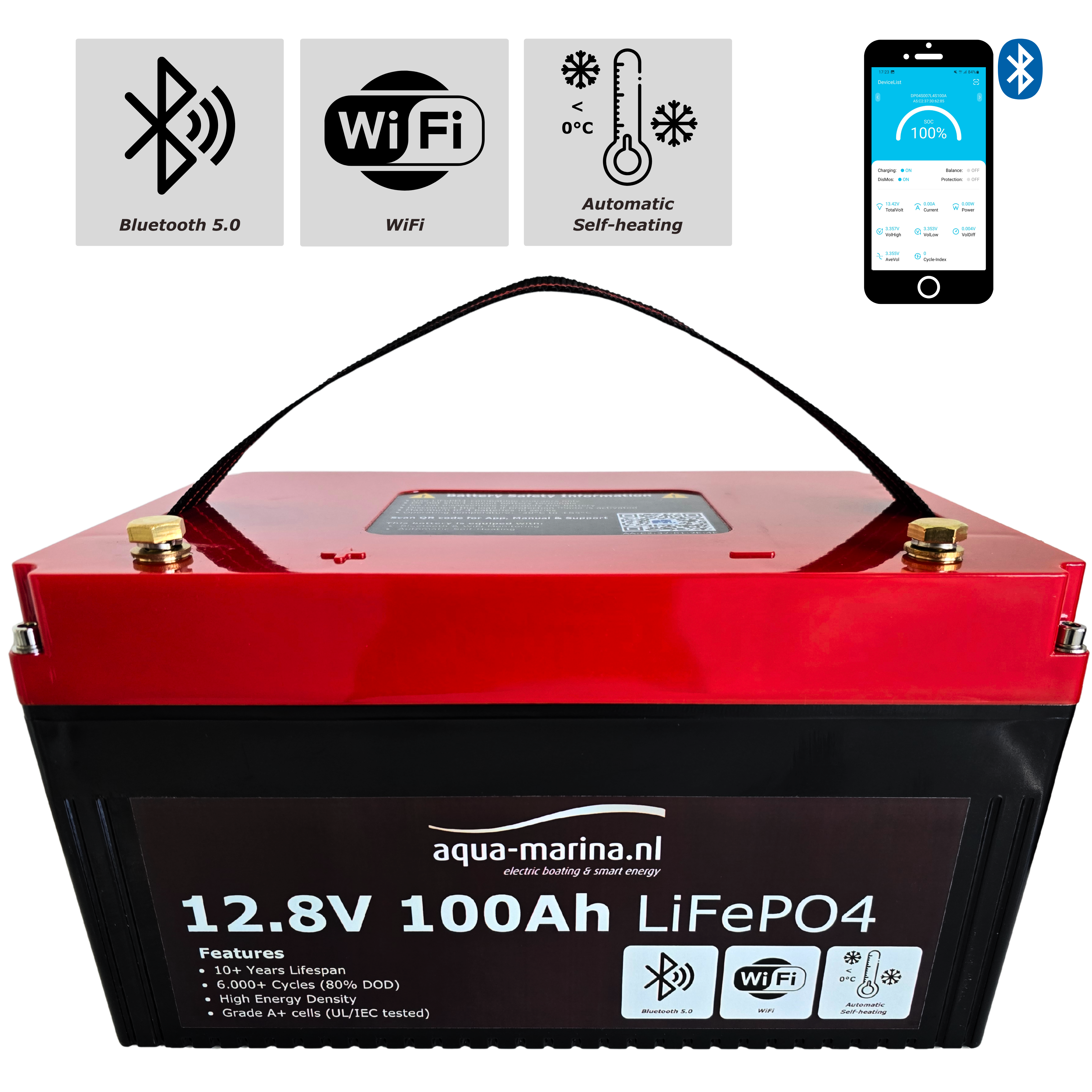 Aqua-Marina ProLine 12.8V 100Ah Lithium LiFePO4 Accu Bluetooth | WiFi | Self Heating – ECE R10 Certified