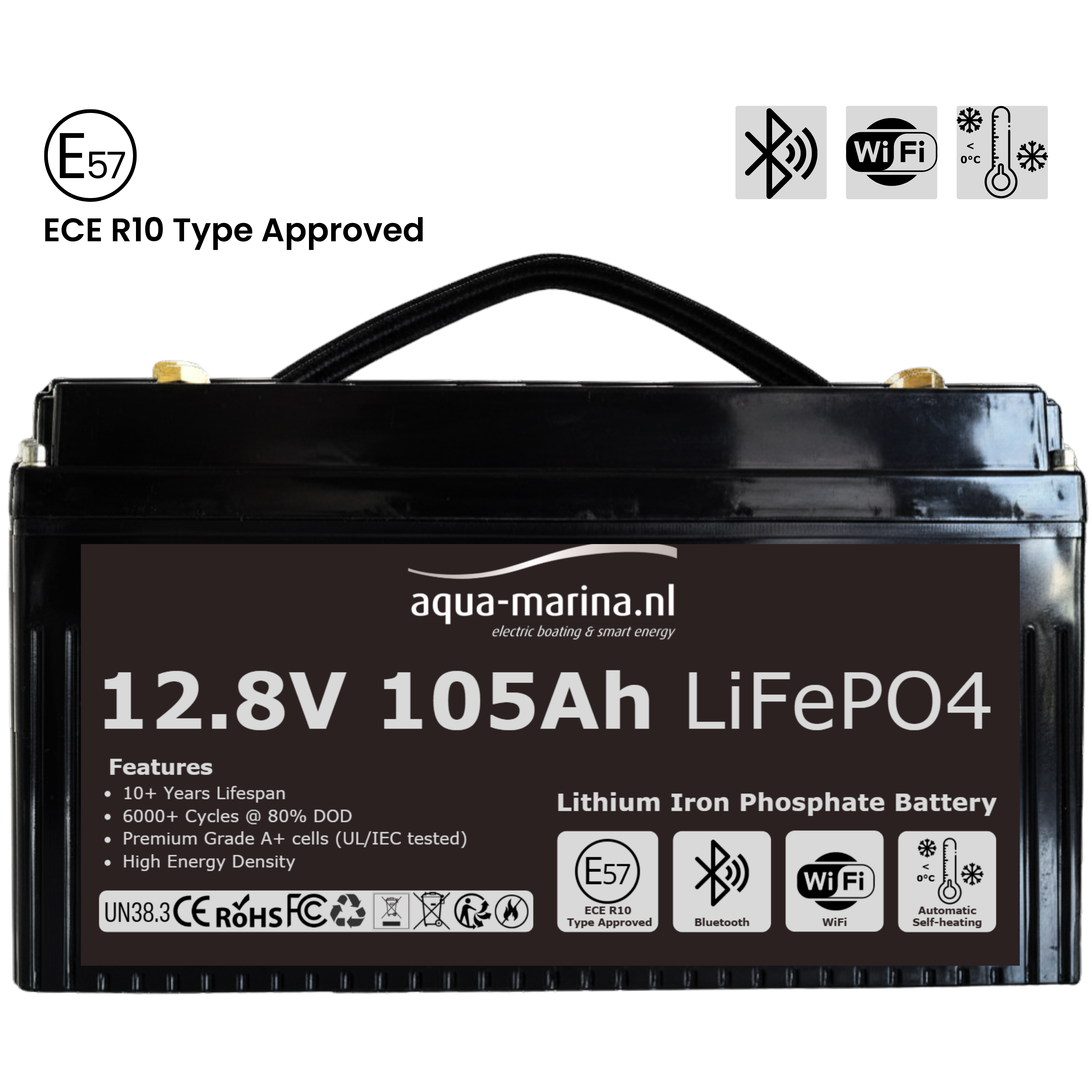 Aqua-Marina ProLine 12.8V 105Ah LiFePO4 Accu | Bluetooth | WiFi | Self-Heating | ECE R10 | Undersitz DIN H190