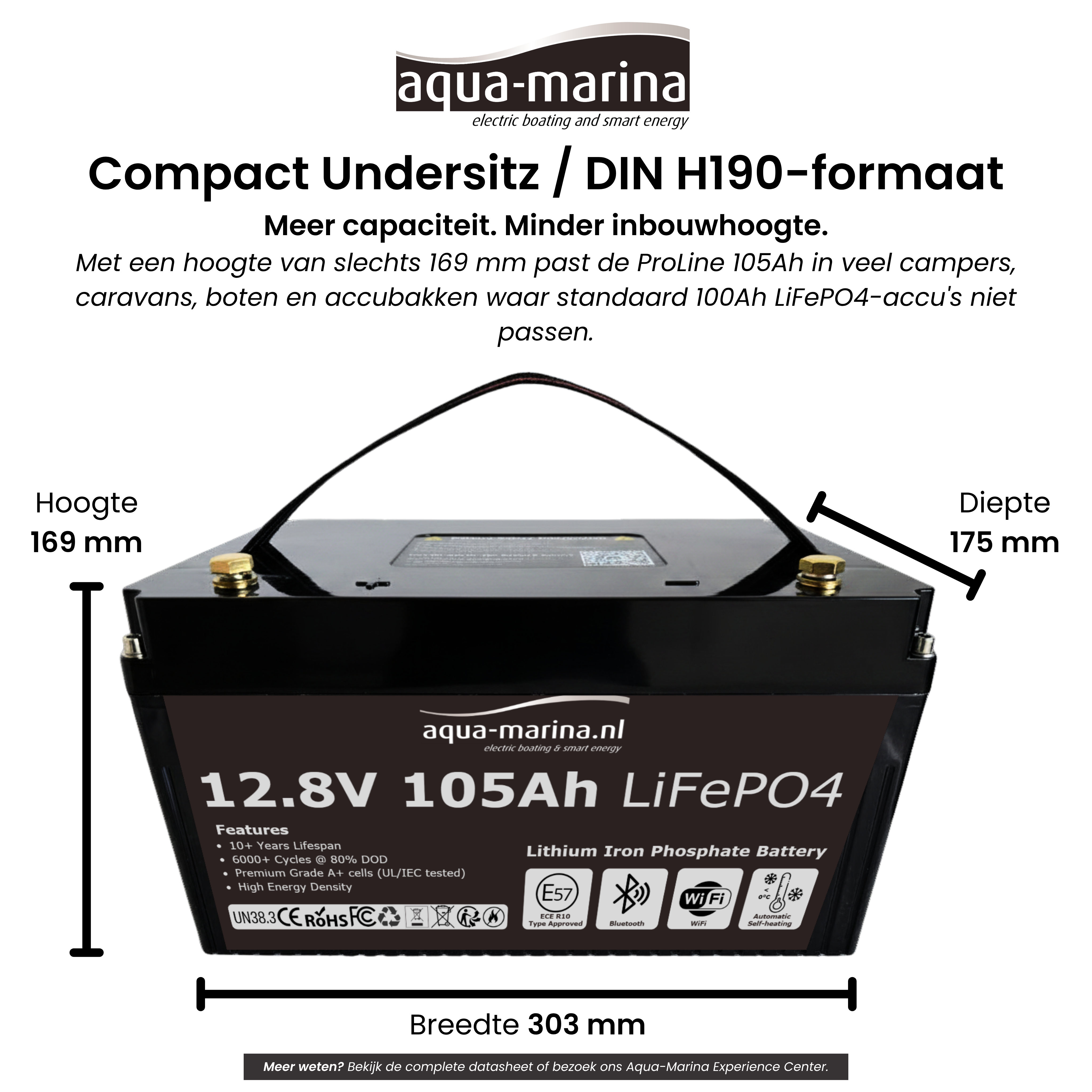 Aqua-Marina ProLine 12.8V 105Ah LiFePO4 Accu | Bluetooth | WiFi | Self-Heating | ECE R10 | Undersitz DIN H190