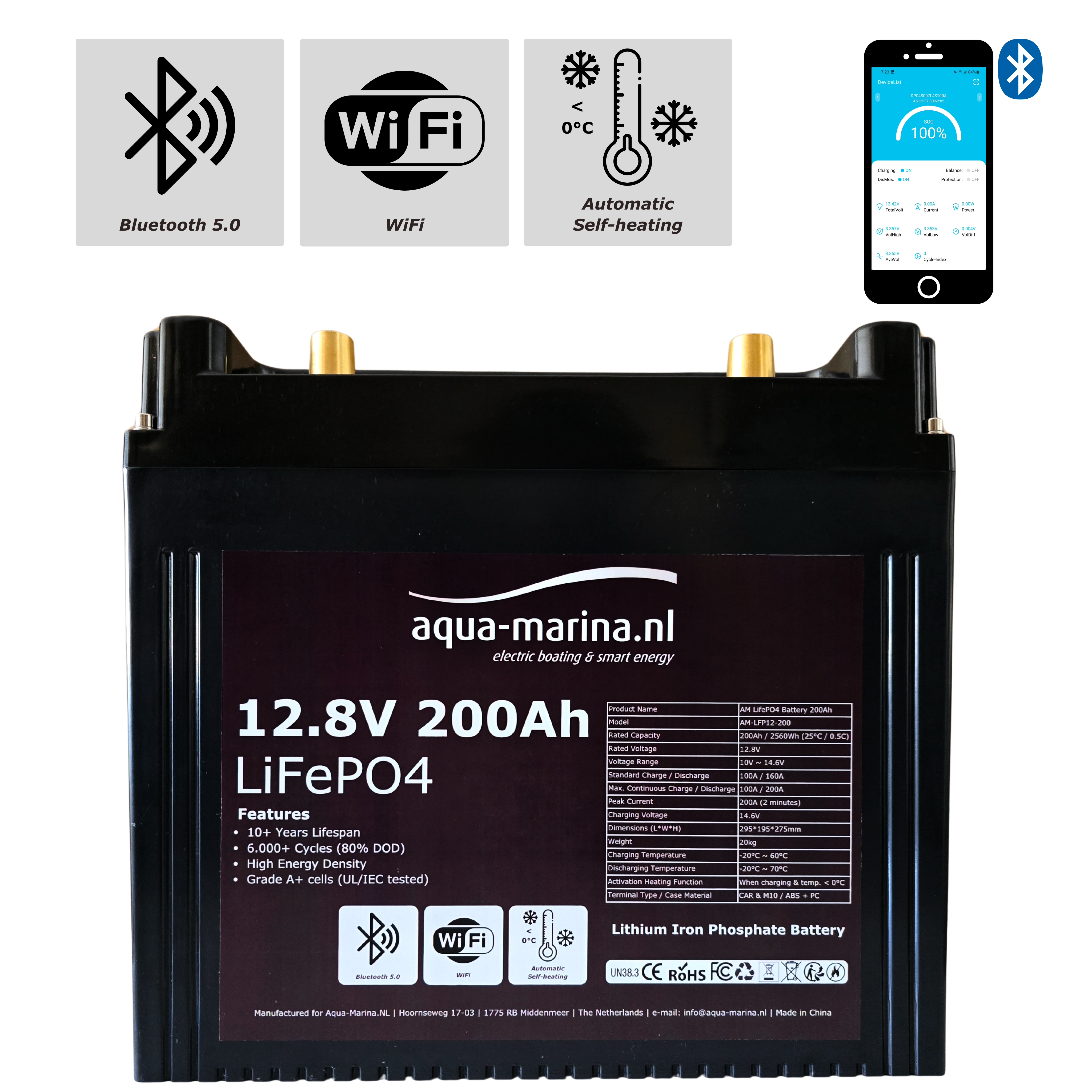 Aqua-Marina.NL ProLine Lithium LiFePO4 Accu 200Ah 12V Smart | Bluetooth WiFi Verwarming
