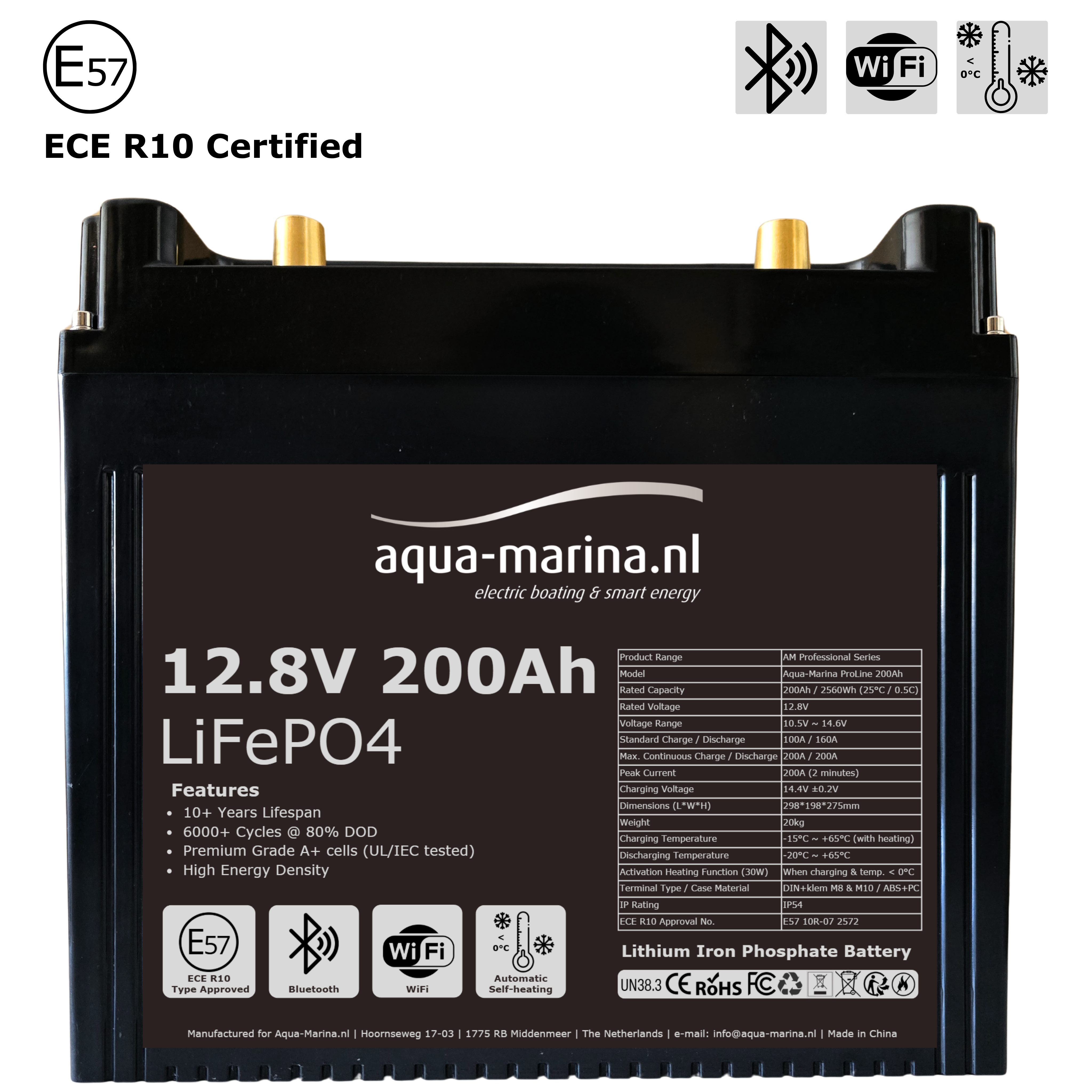 Aqua-Marina ProLine 12.8V 200Ah Lithium LiFePO4 Accu Bluetooth | WiFi | Self Heating – ECE R10 Certified