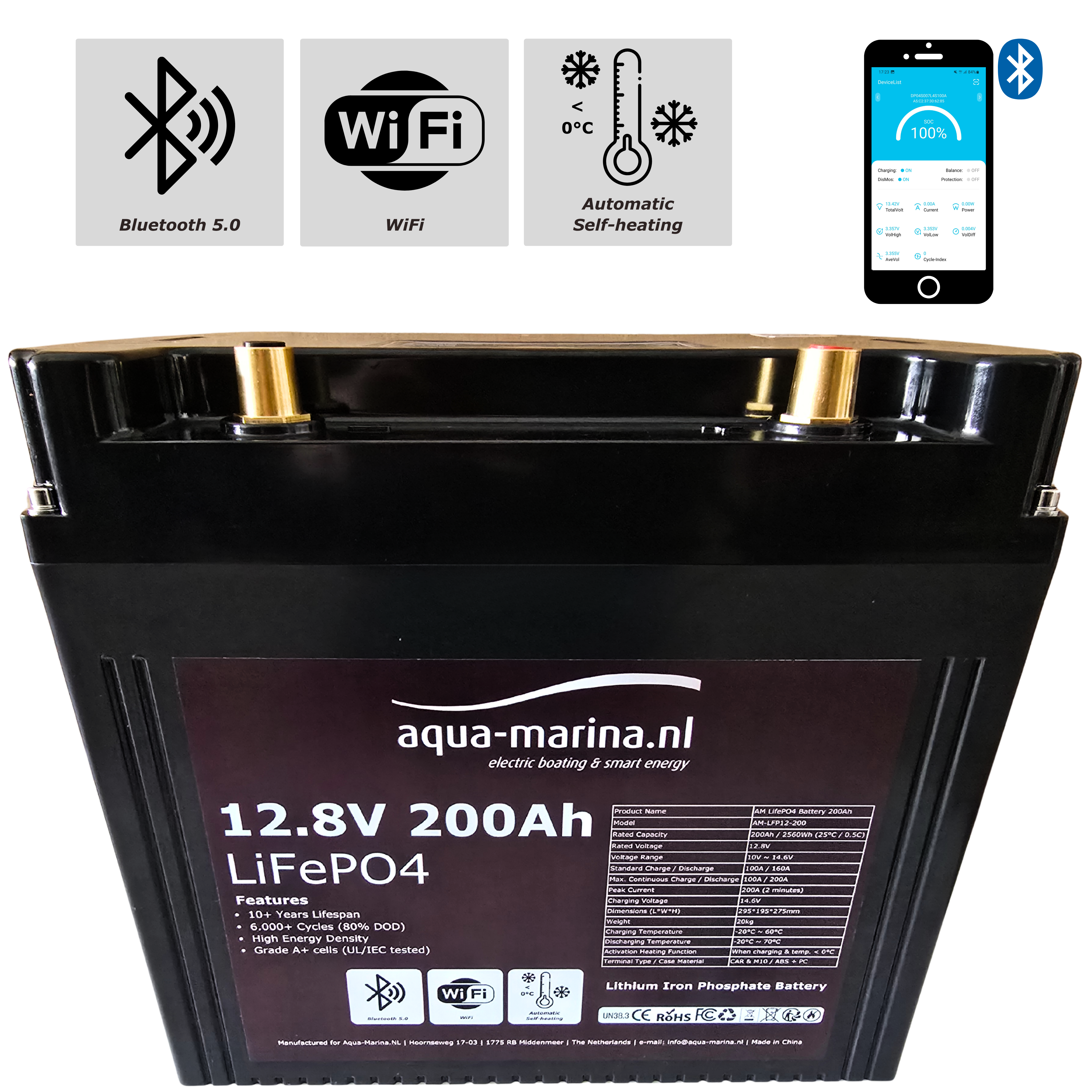 Aqua-Marina ProLine 12.8V 200Ah Lithium LiFePO4 Accu Bluetooth | WiFi | Self Heating – ECE R10 Certified