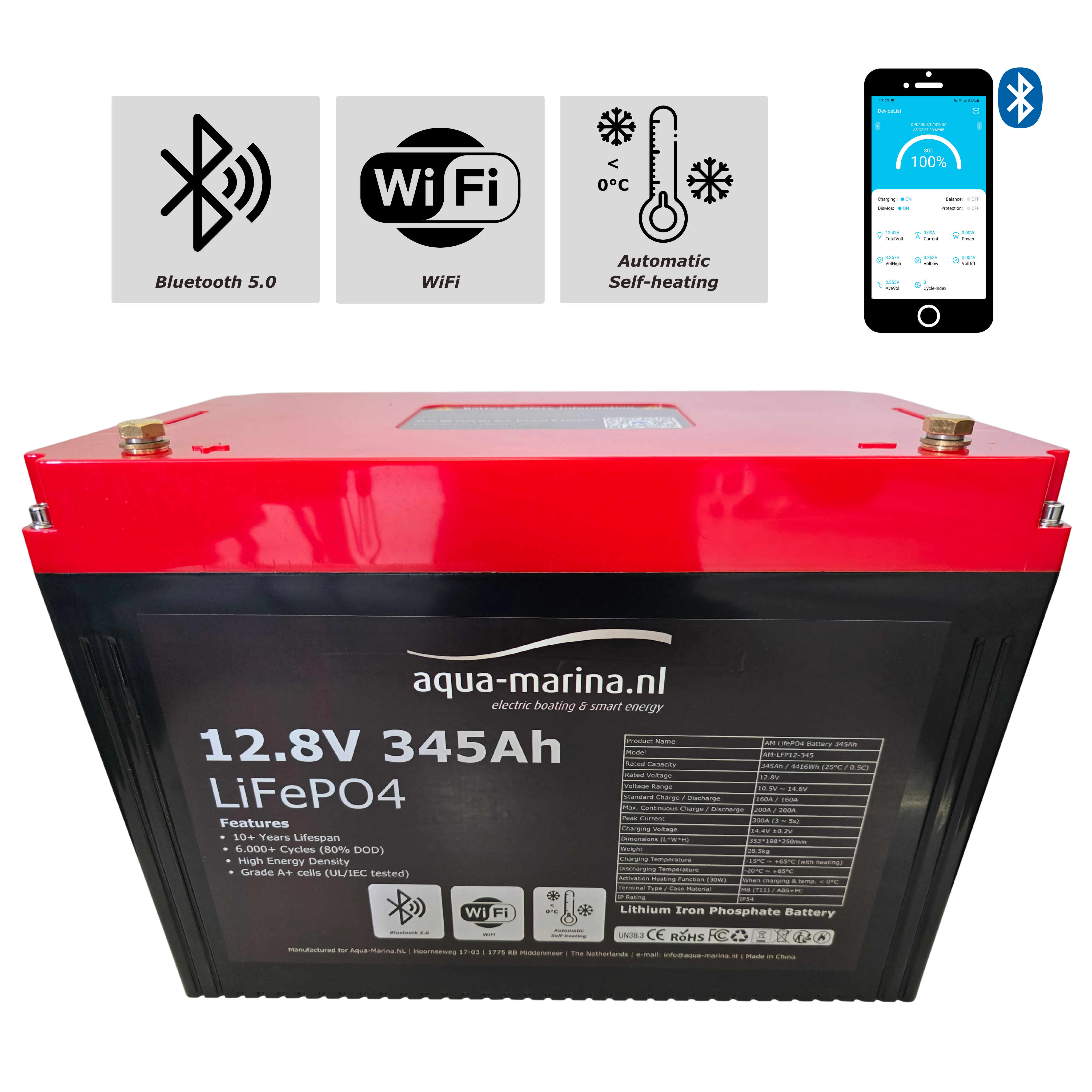 Aqua-Marina ProLine 12.8V 345Ah Lithium LiFePO4 Accu Bluetooth | WiFi | Heating – ECE R10 Certified