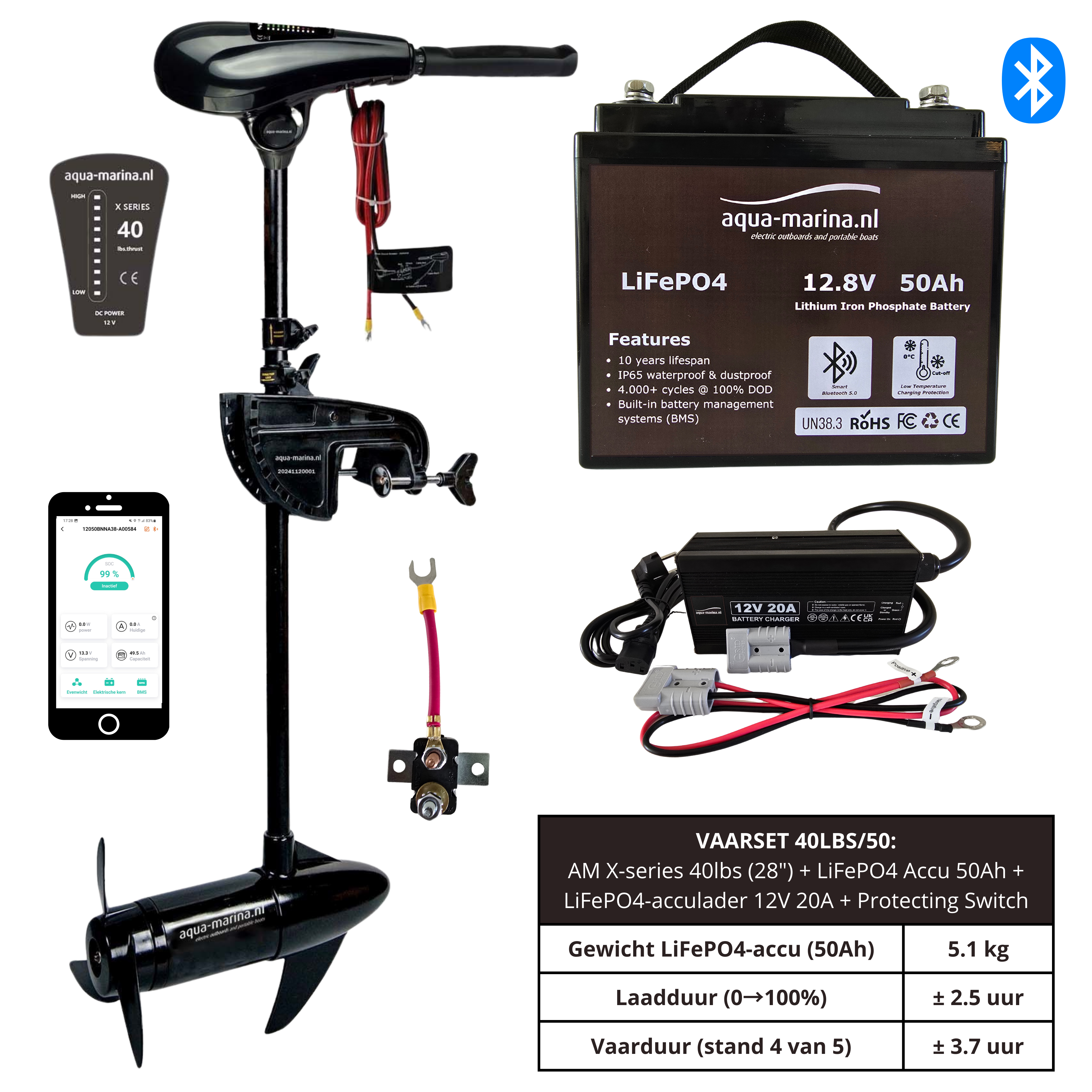 Vaarset Fluistermotor 40lbs LiFePO4 Accu 50Ah LiFePO4 Acculader 12V 20A Protecting Switch