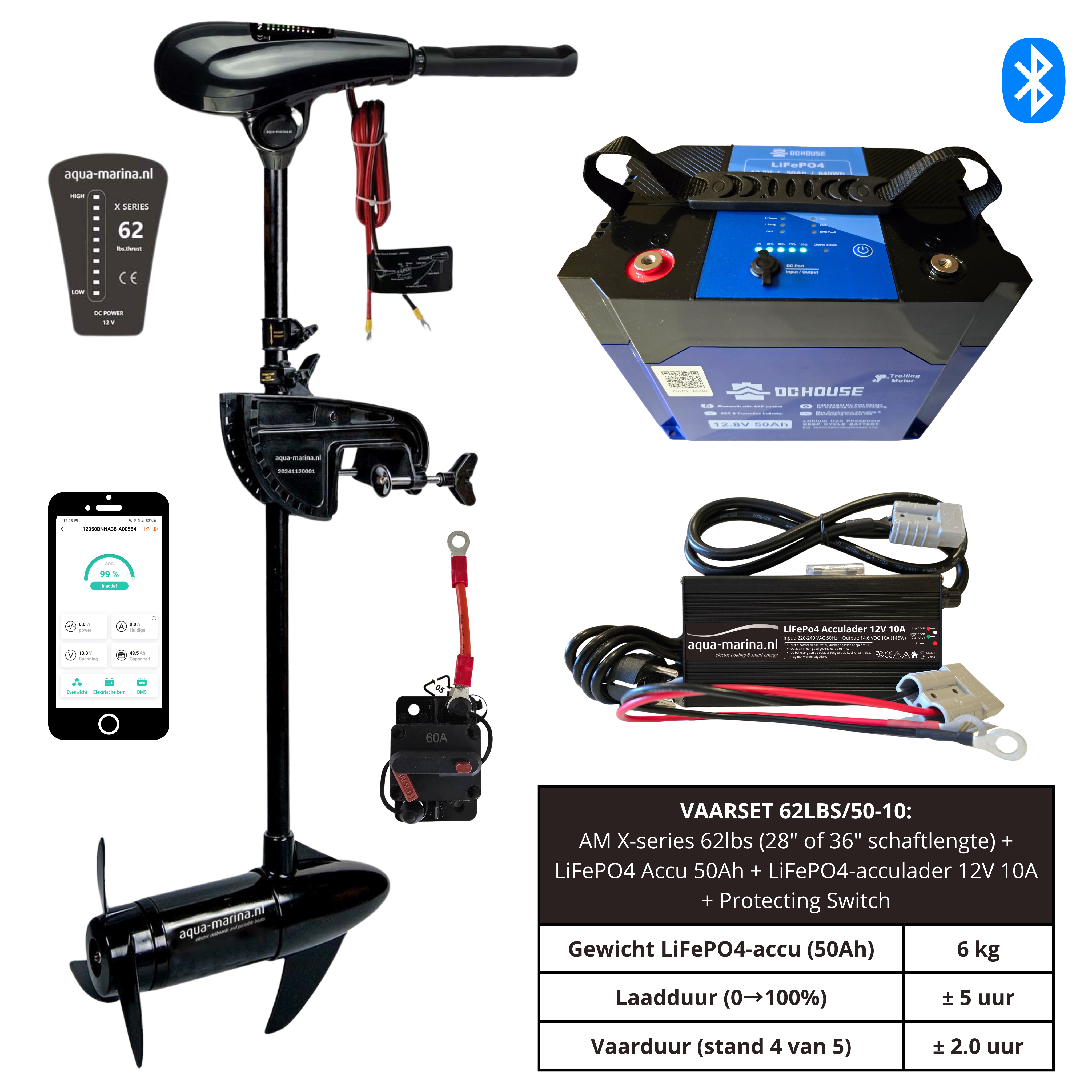 Vaarset Fluistermotor 62lbs LiFePO4 Accu 50Ah LiFePO4 Acculader 12V 20A Protecting Switch