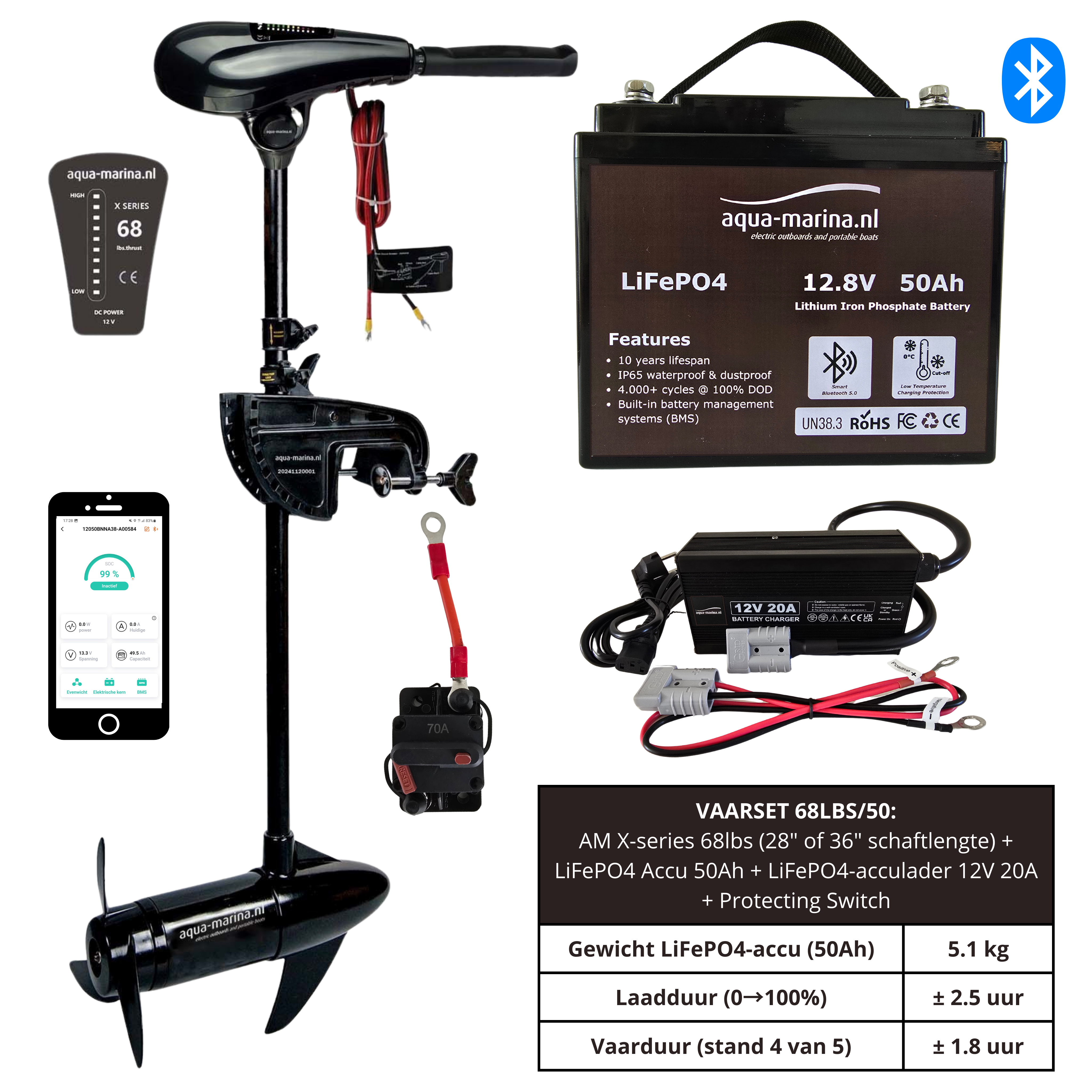 Vaarset Fluistermotor 68lbs LiFePO4 Accu 50Ah LiFePO4 Acculader 12V 20A Protecting Switch