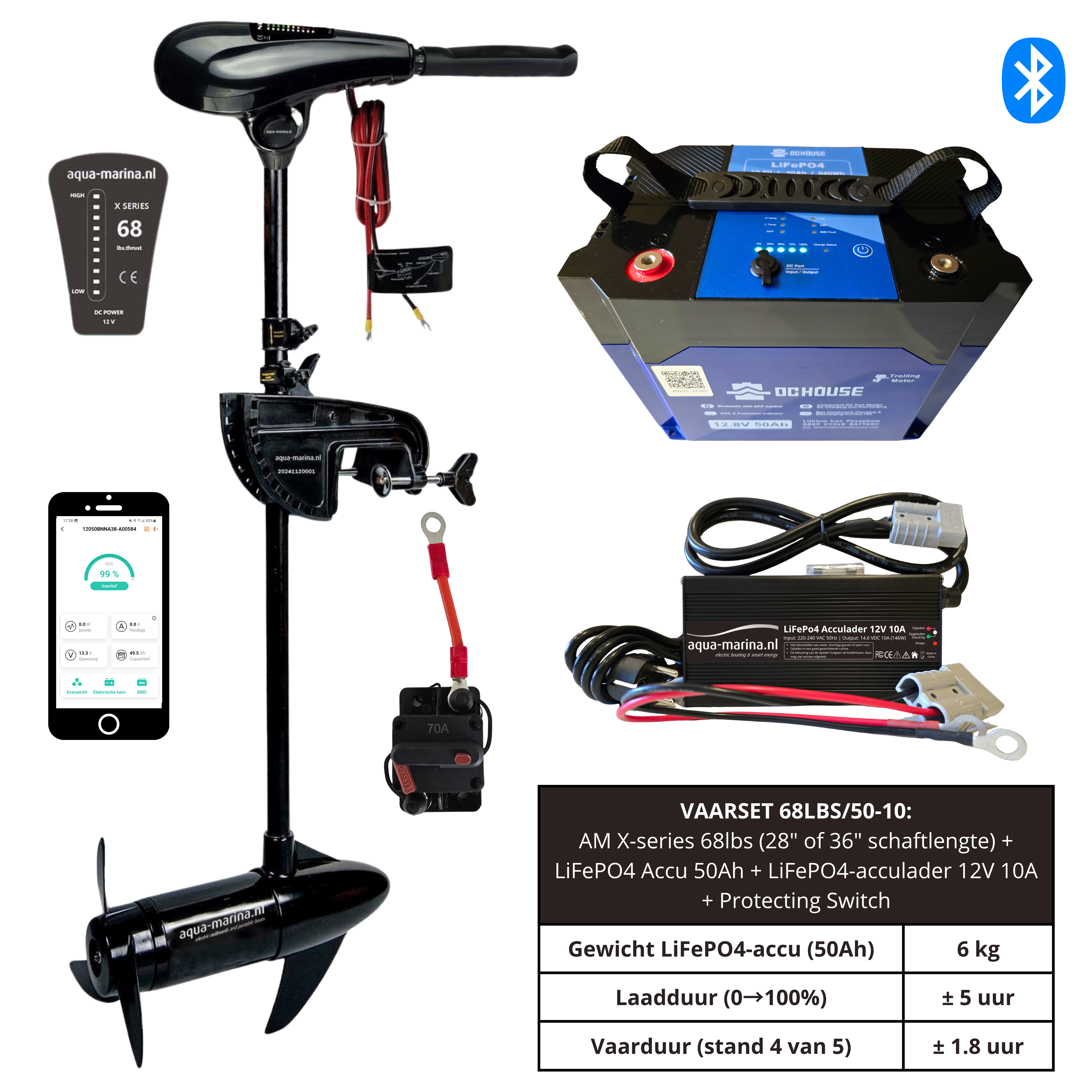 Vaarset Fluistermotor 68lbs LiFePO4 Accu 50Ah LiFePO4 Acculader 12V 20A Protecting Switch