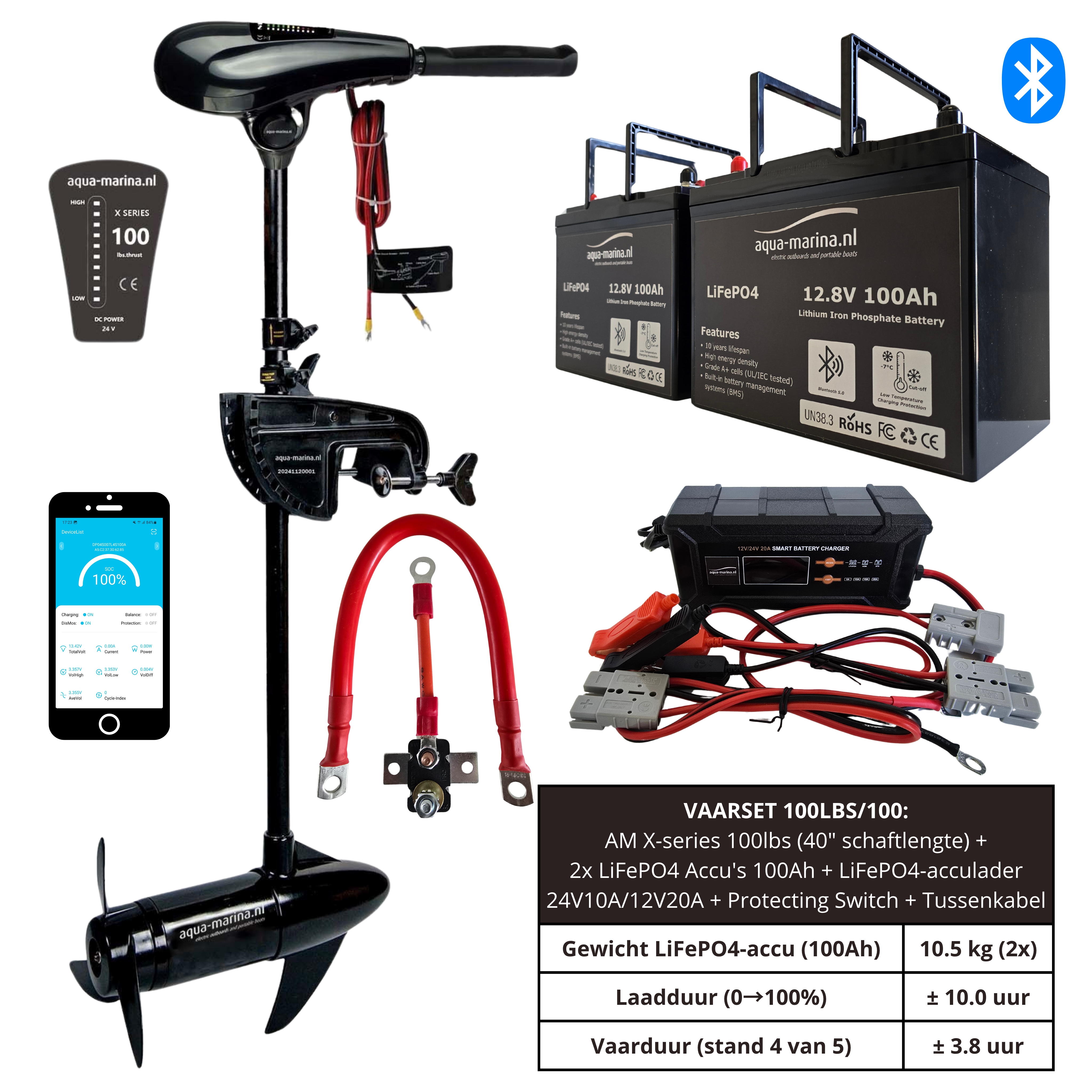 Vaarset Fluistermotor 100lbs 24V LiFePO4 Accu 50Ah LiFePO4 Acculader 24V 10A 12V 20A Protecting Switch
