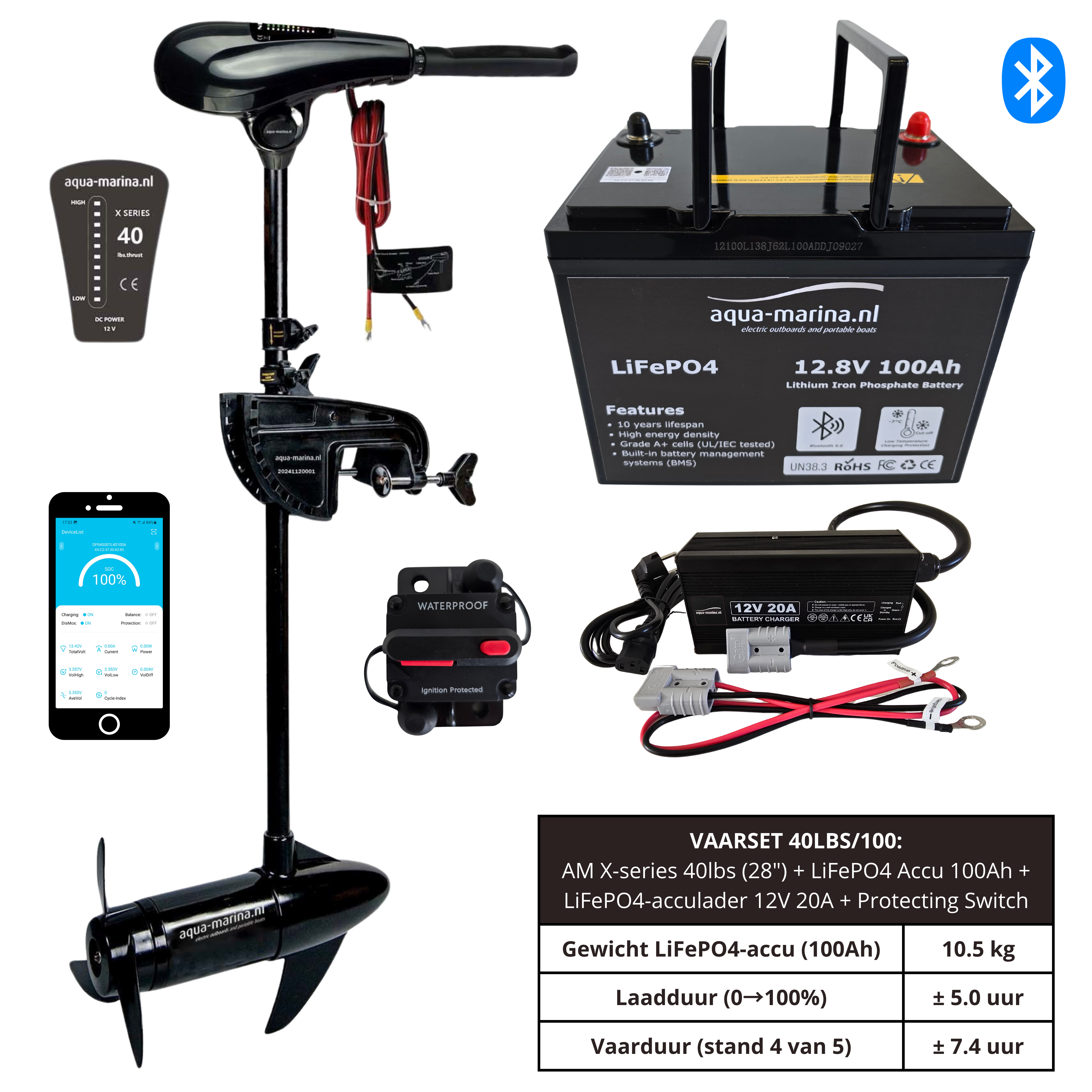 Vaarset Fluistermotor 40lbs LiFePO4 Accu 100Ah LiFePO4 Acculader 12V 20A Protecting Switch