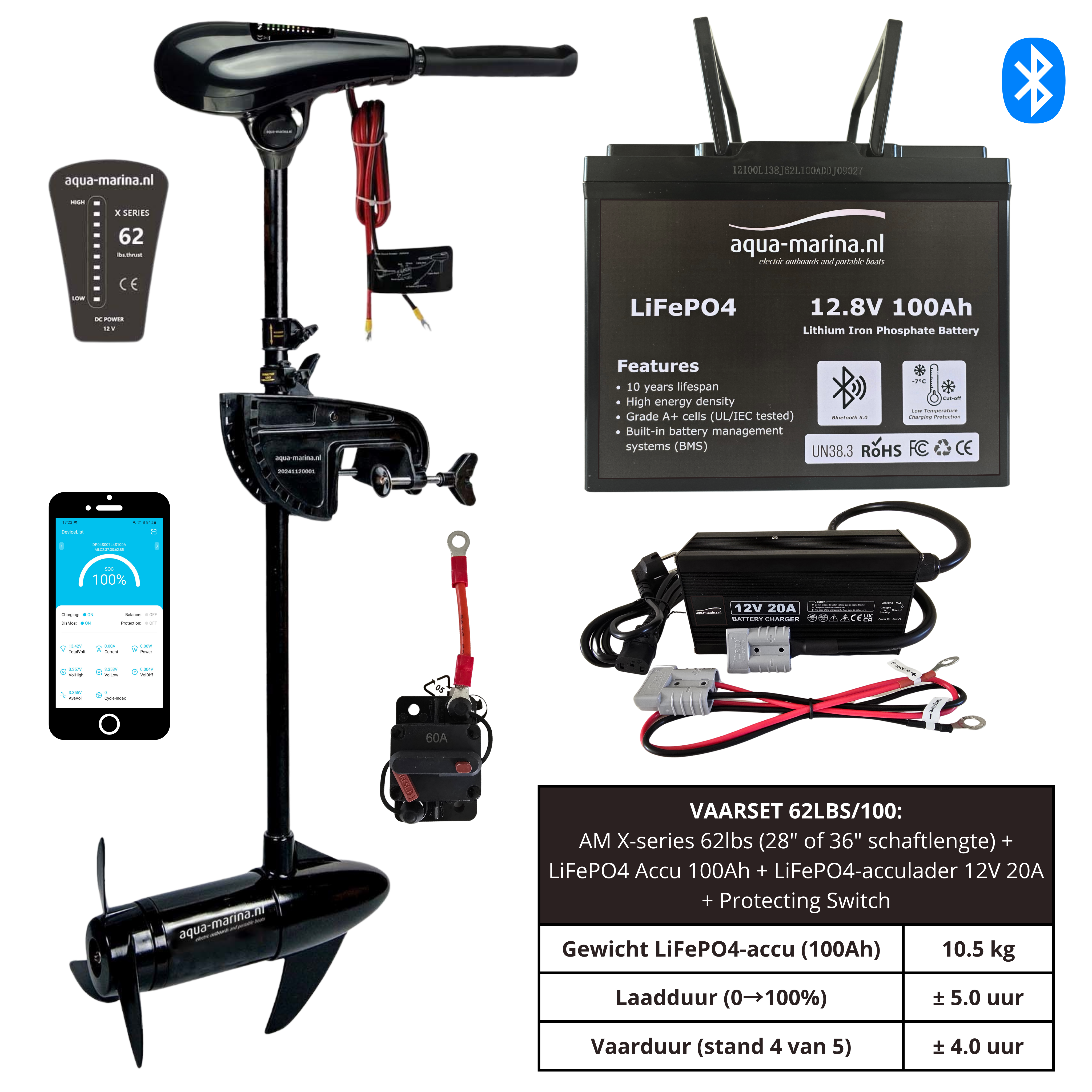 Vaarset Fluistermotor 62lbs LiFePO4 Accu 100Ah LiFePO4 Acculader 12V 20A Protecting Switch