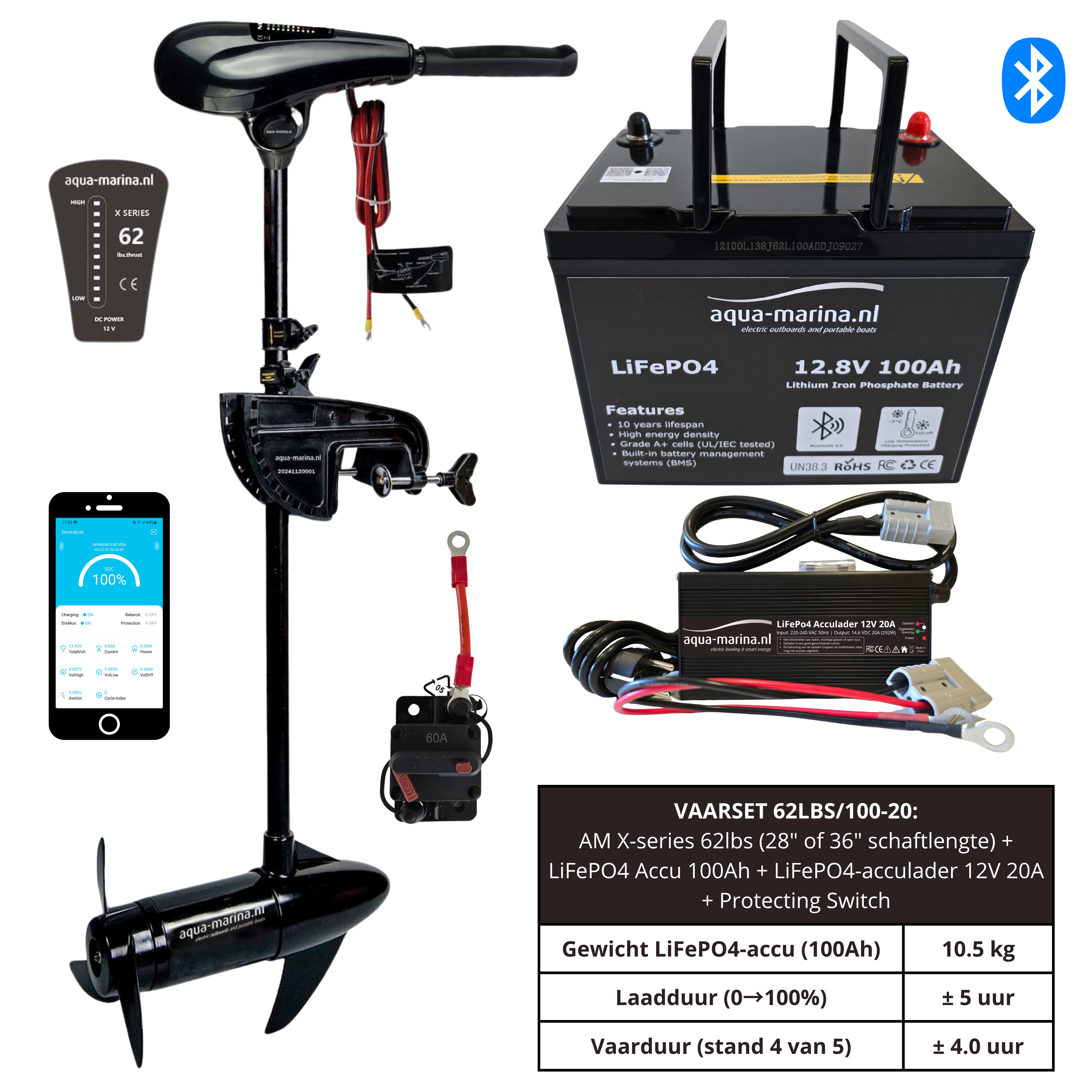 Vaarset Fluistermotor 62lbs LiFePO4 Accu 100Ah LiFePO4 Acculader 12V 20A Protecting Switch