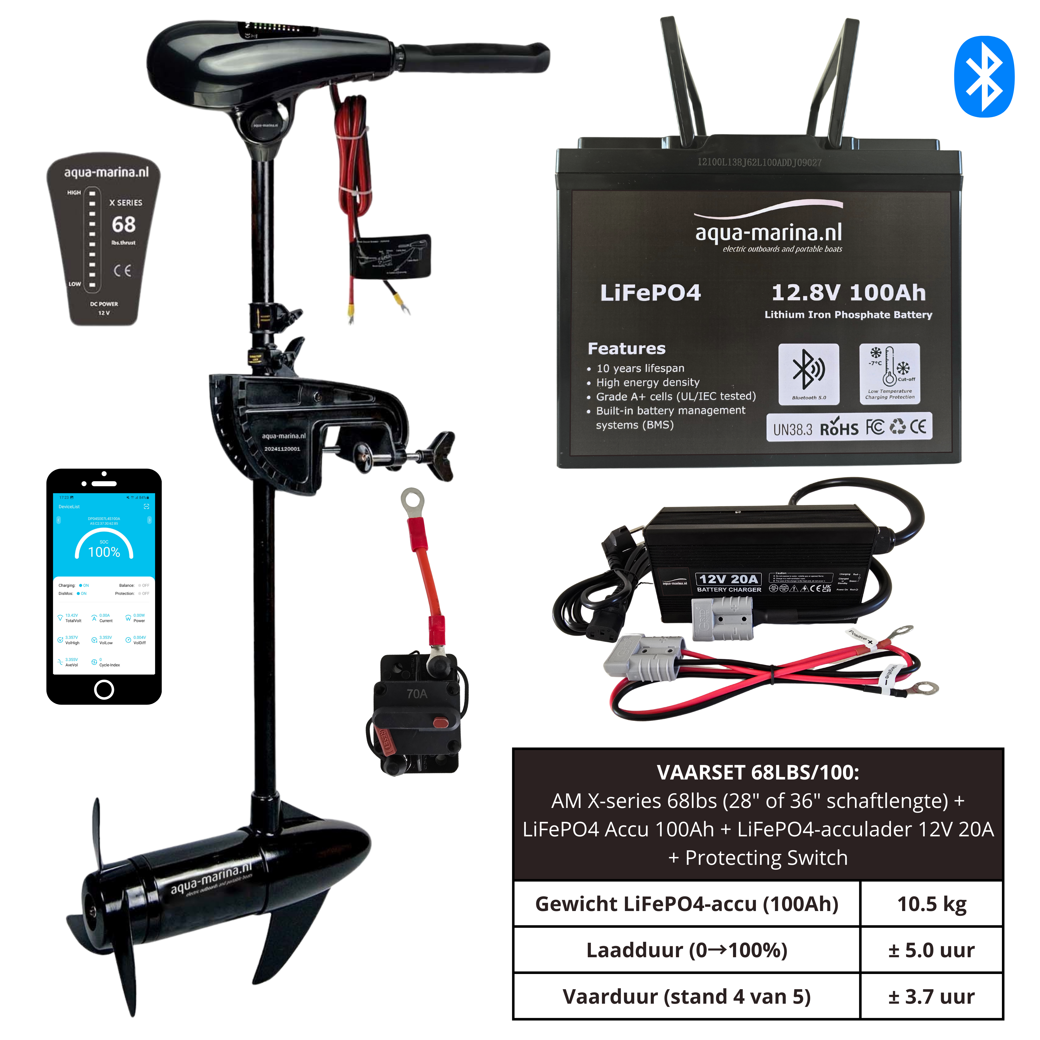 Vaarset Fluistermotor 68lbs LiFePO4 Accu 100Ah LiFePO4 Acculader 12V 20A Protecting Switch