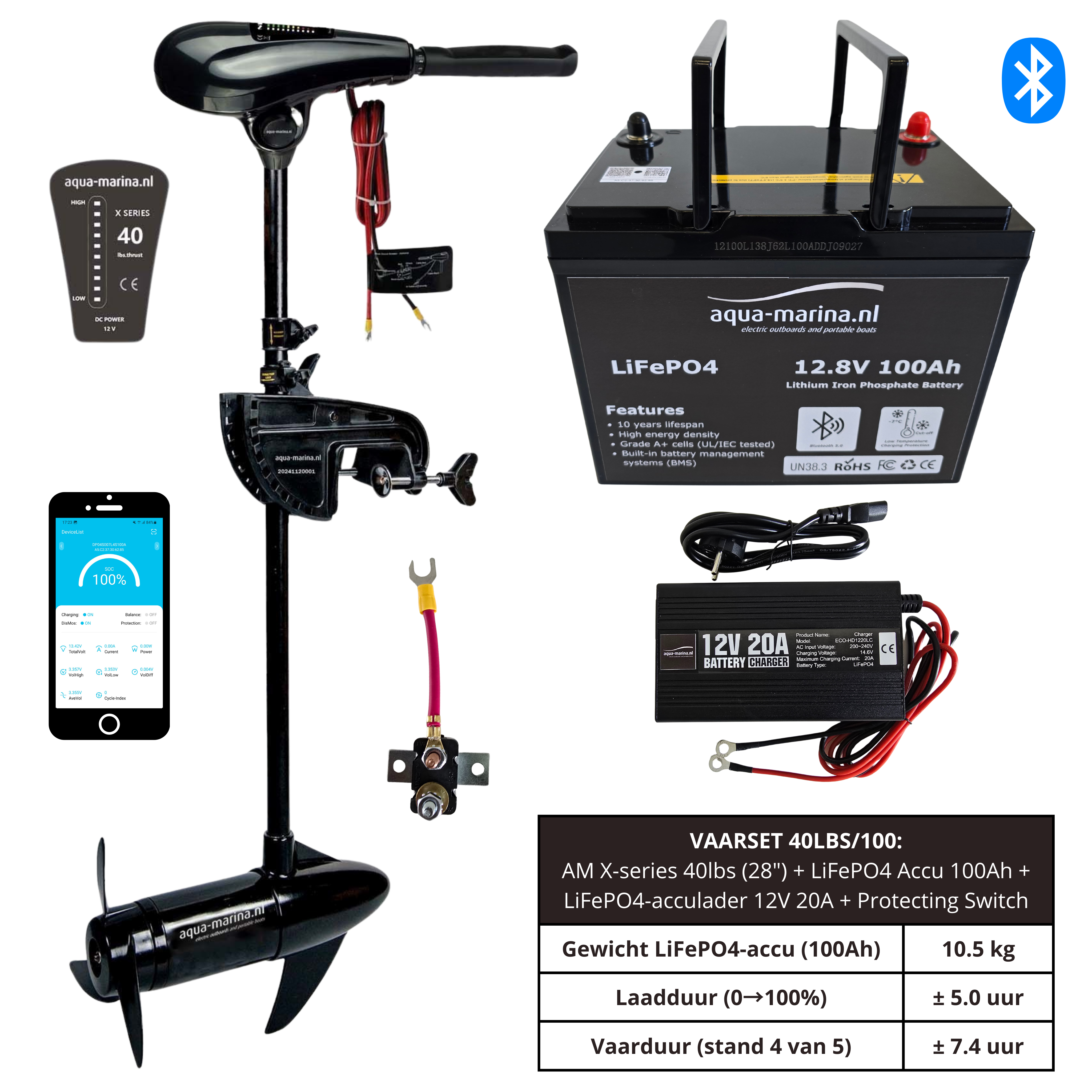 Complete Vaarset 40lbs – Fluistermotor + LiFePO4 Accu + Acculader | Direct Varen!