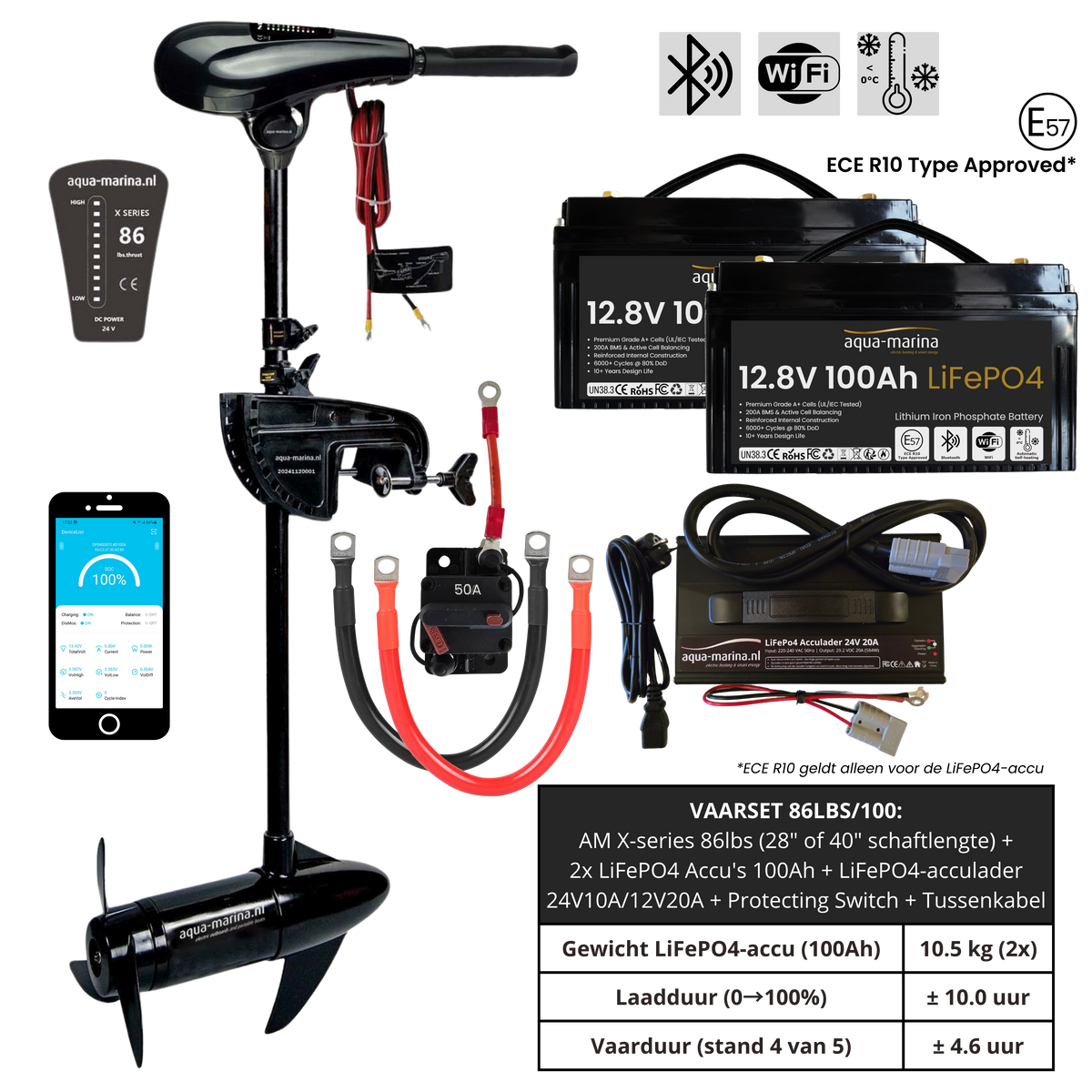 Complete Vaarset 86lbs 24V – Fluistermotor + 2x LiFePO4 Accu + Acculader | Direct Varen!