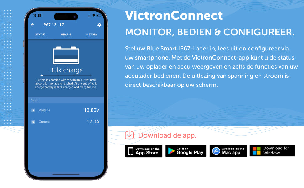 Victron Energy Blue Smart IP67 12-Volt 17 amp 230V Batterij Lader Bluetooth (CEE 7/7)