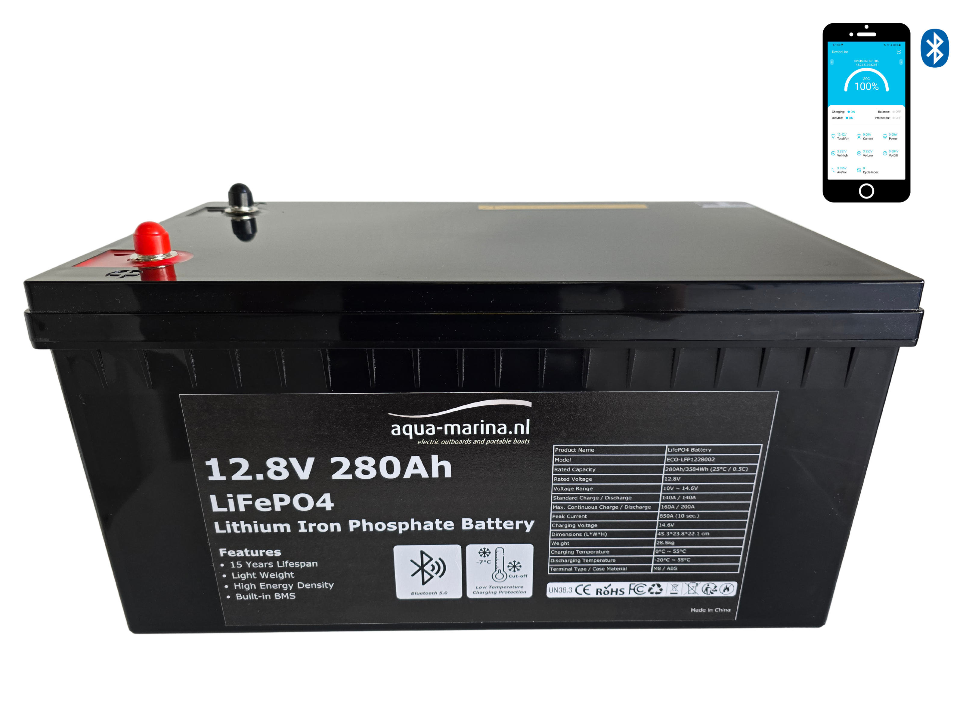 Aqua-Marina.nl Lithium LiFePO4 Accu 12V 280Ah met Bluetooth – Krachtige Lithium Accu voor Camper, Boot & Thuisaccu