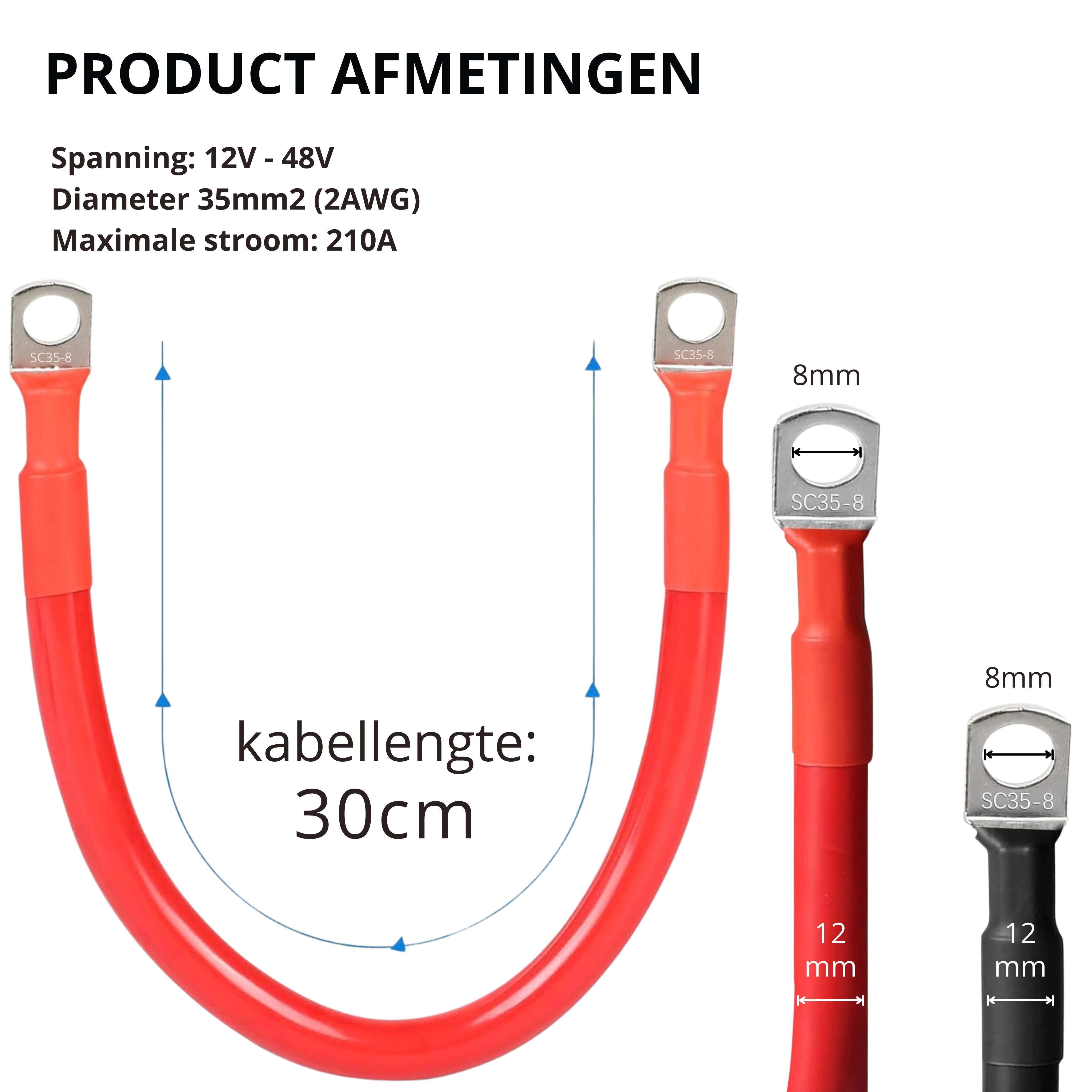 Accukabelset 35mm² 30cm M8 – Serie én Parallel Verbinding (LiFePO4 / 12V / 24V)