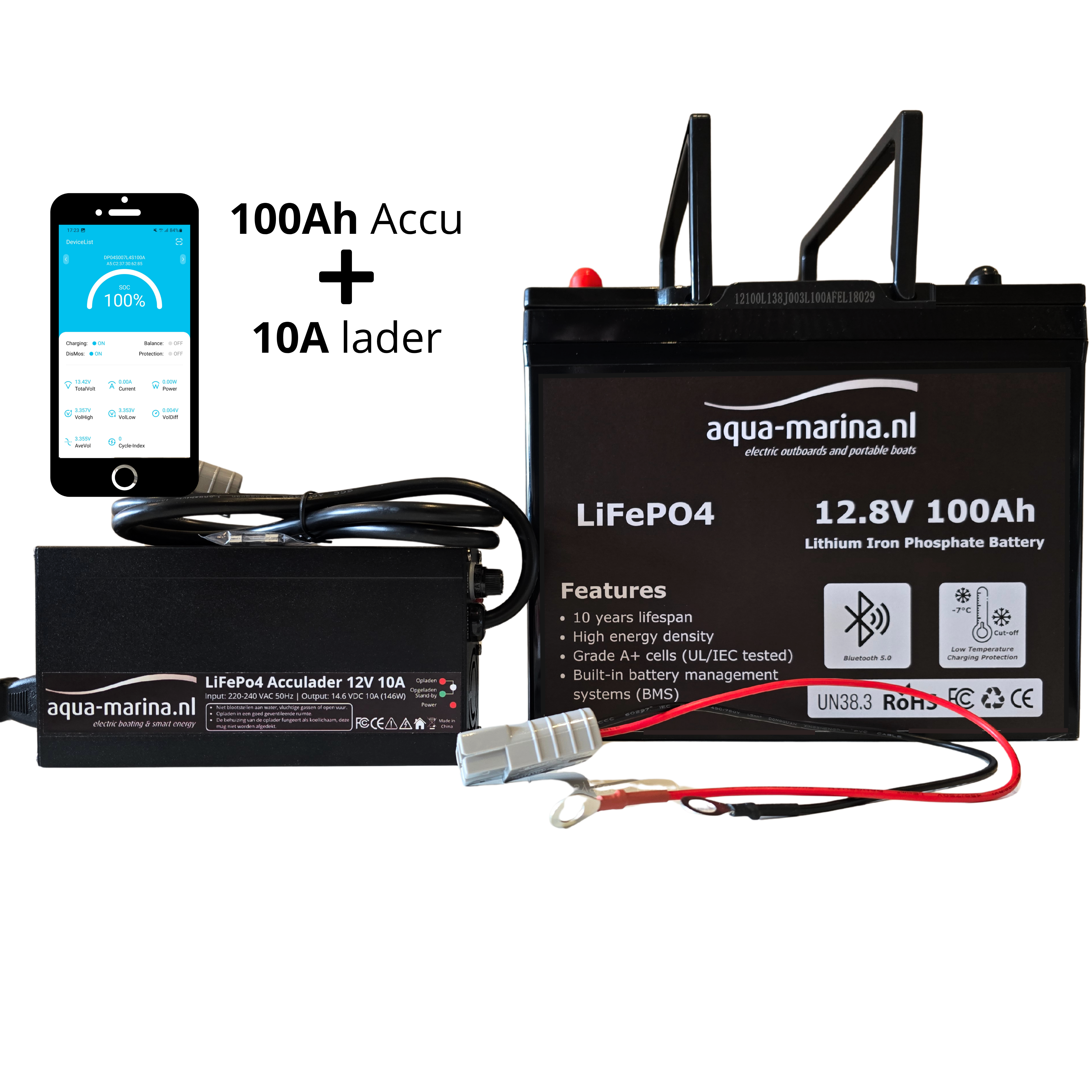 Accuset 2: 12V 100Ah LiFePO4 Accu + 12V 10A of 20A Acculader met Bluetooth & SB50 Anderson